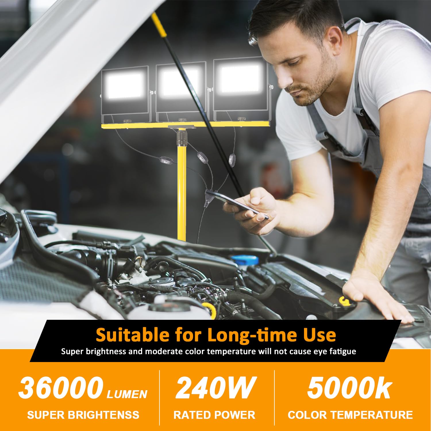 36000Lumen Led Work Lights With Stand - 3 Head Foldable Stand Work Light With 16Ft Cord - Ip67 Waterproof Tripod Lights For Outd