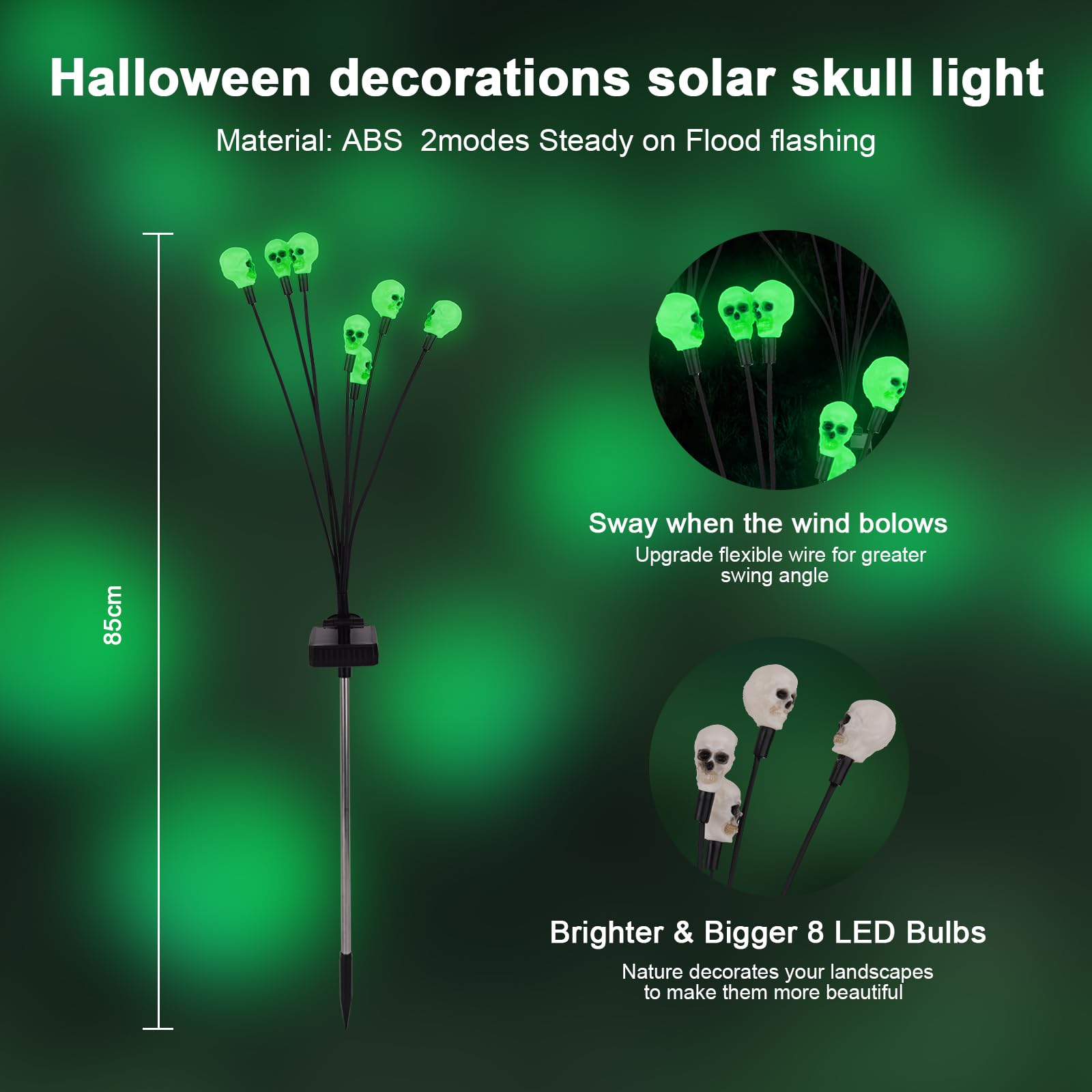 2Packs Halloween Decorations Outdoor Scary Solar Skull Lights,16Led Green Skull Swaying Firefly Lights,Waterproof Solar Halloween Path Lights For Yard/Garden/Lawn/Party Decor (Skull)