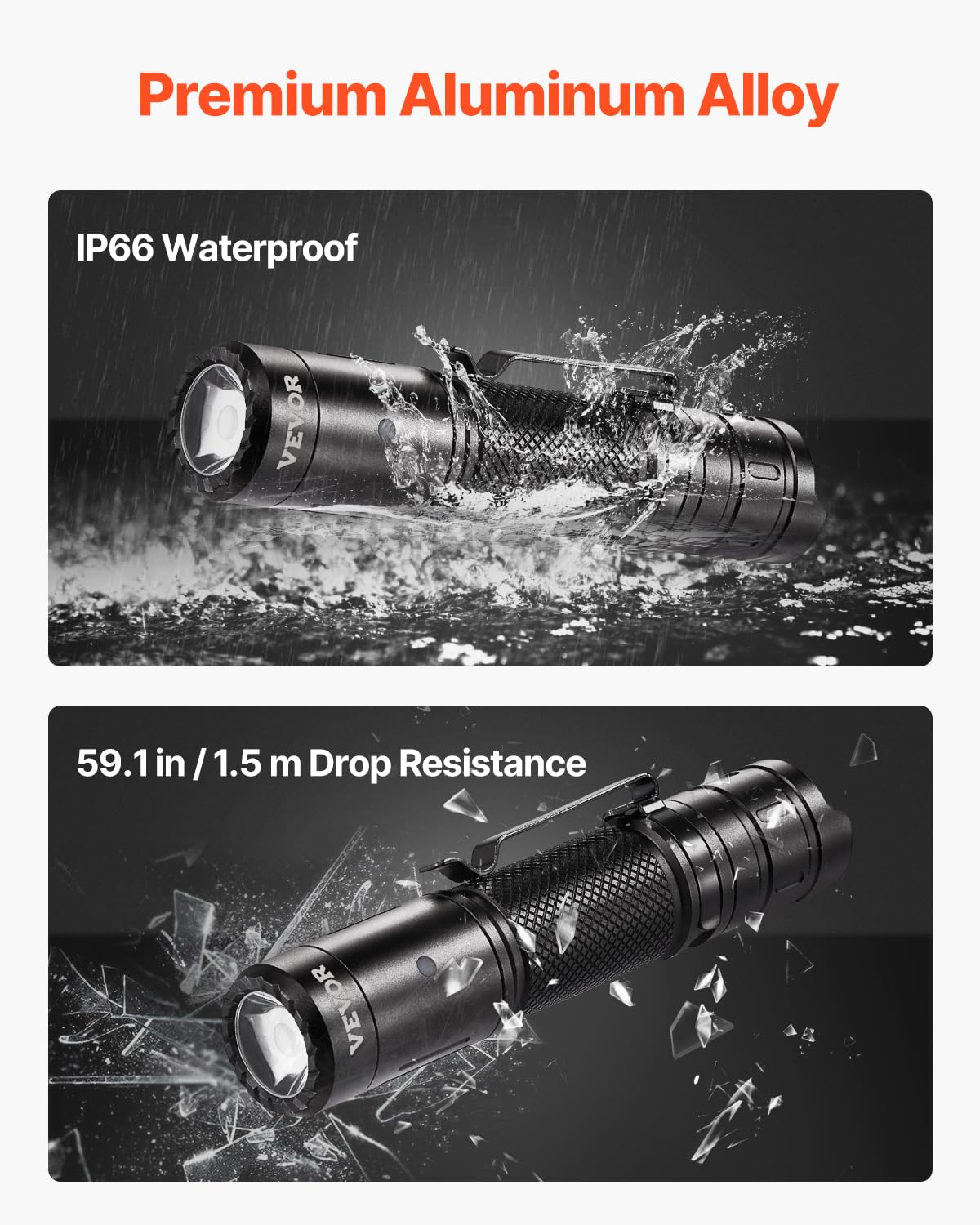 VEVOR Rechargeable Flashlight, LED, 6 Lighting Modes, IP66 Waterproof, Lightweight, Portable, Black, Model C3