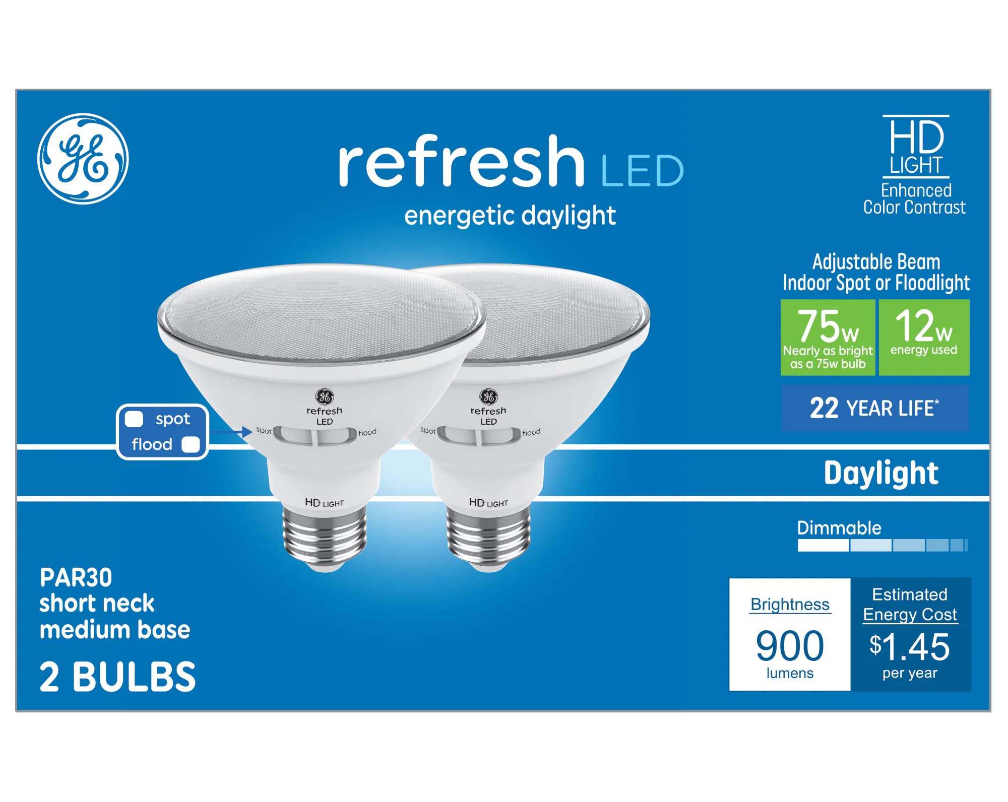 GE Refresh HD 75-Watt EQ LED Par30 Short Neck Daylight Adjustable Beam Spot or Floodlight Light Bulb (2-Pack)