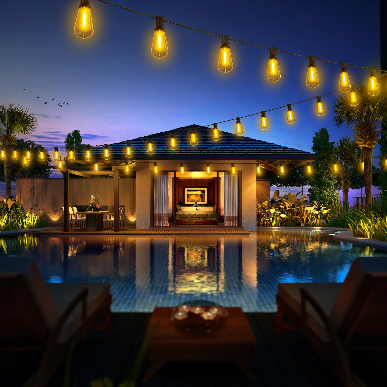 Vocevos 100Ft Led Outdoor String Lights With 52 Waterproof Shatterproof St38 Vintage Edison Bulbs  Outside Lights For Patio Lighting Cafe  Bistro  Backyard  2700K Dimmable