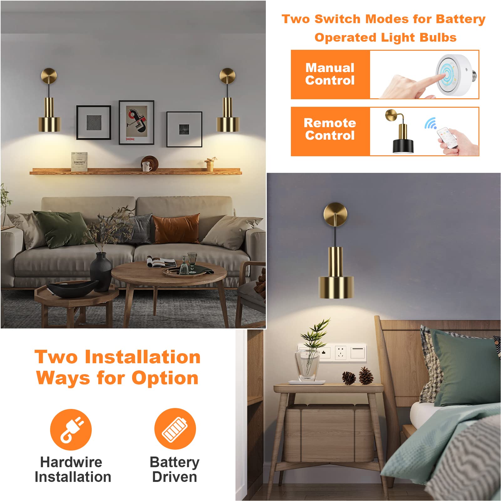 VerRon Gold Wall Sconce Set of 2, Dimmable LED Lights with Remote Control, 3000K-6000K Adjustable, Model L2005-1BS