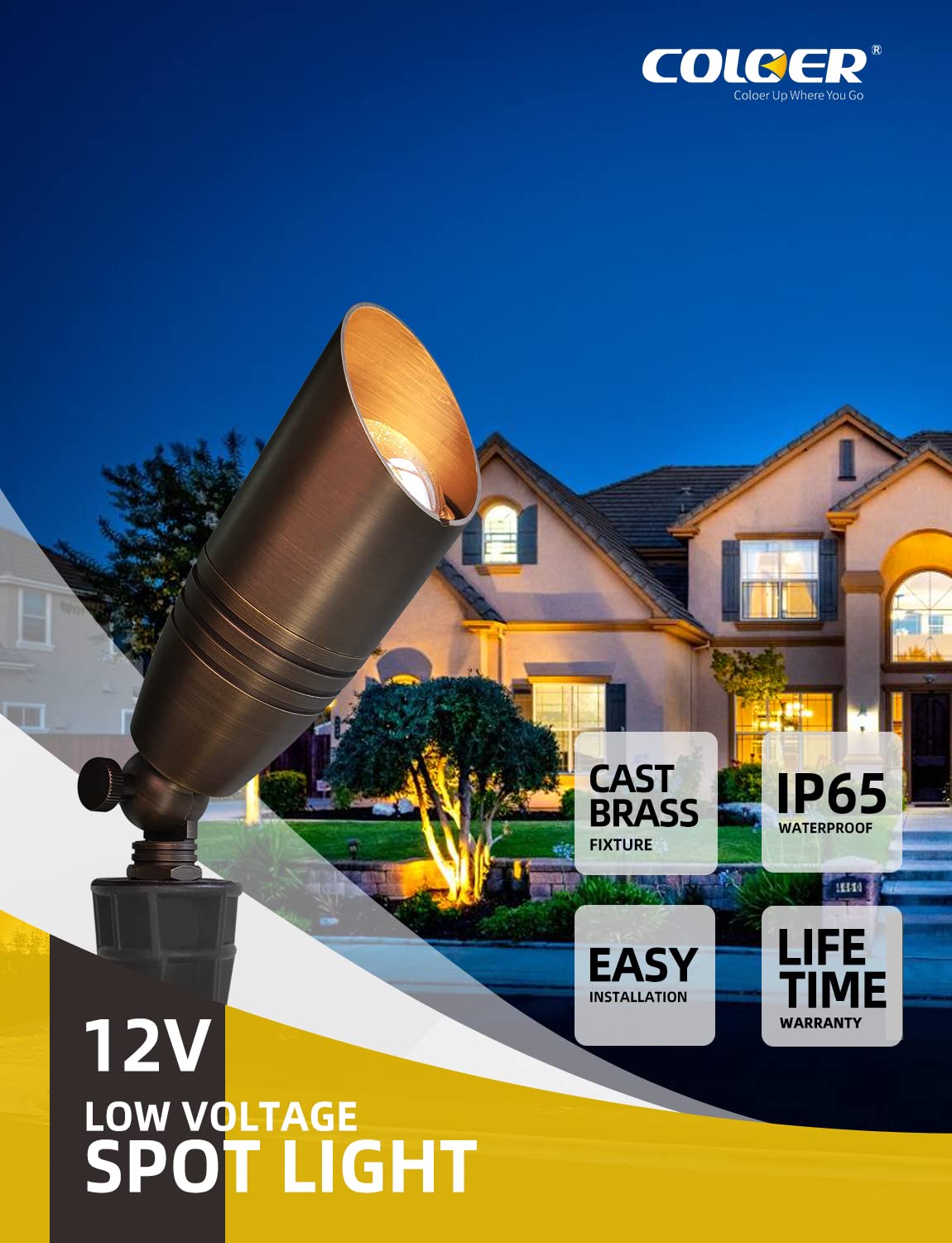 Coloer Die-Cast Brass Landscape Spotlights Outdoor With 5W Aluminum Housing Led Mr16 Bulb 2700K 450Lm,12V Ac/Dc Low Voltage Lighting, Outdoor Directional Up Light, Spot Lights For Yard(102B,1 Pack)