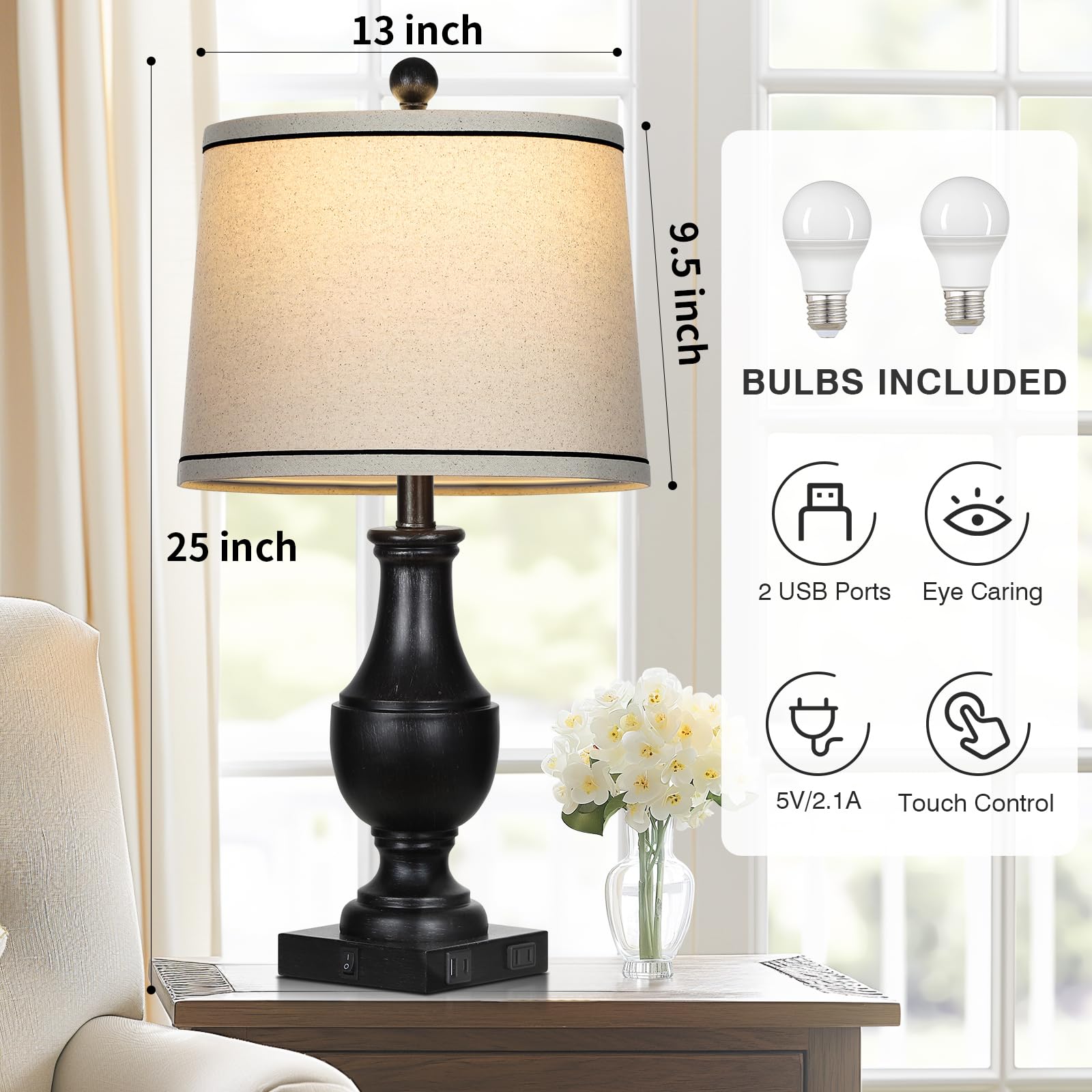 Lolikit Vintage Farmhouse Lamps Set of 2, 25" Black Rustic Table Lamps with USB Ports & AC Outlet, Antique Resin for Bedroom/Living Room