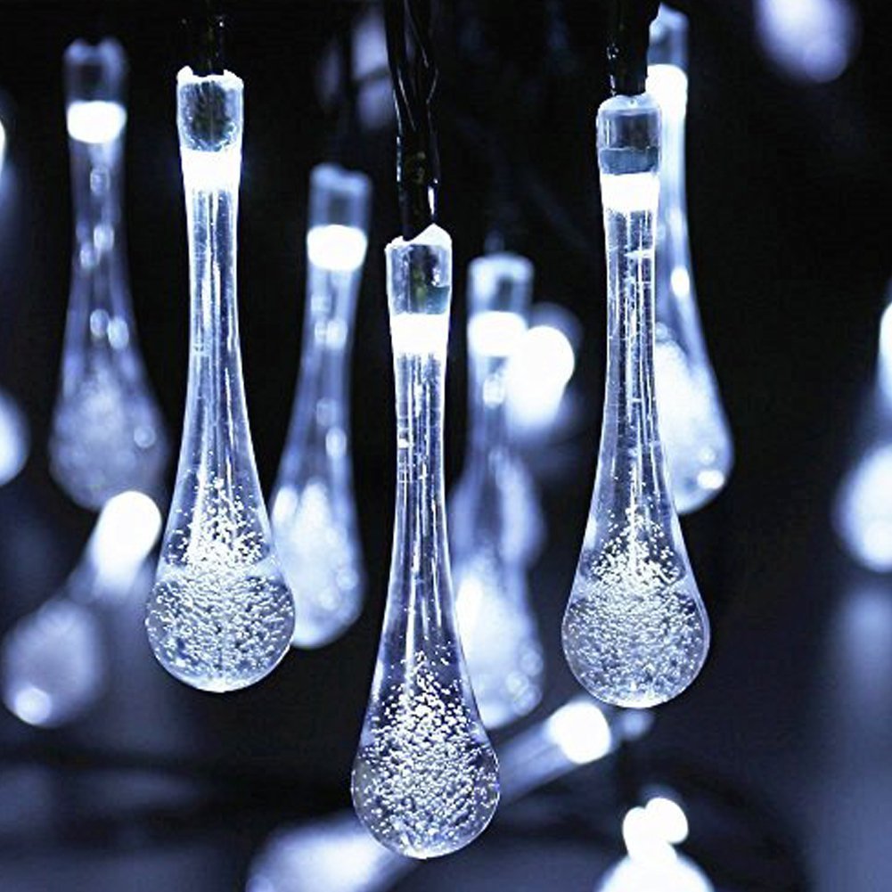 DINOWIN Solar Water Drop Lights, 20ft 30LEDs Fairy Lights Waterproof for Outdoor, Garden, Christmas Decorations (Cold White)