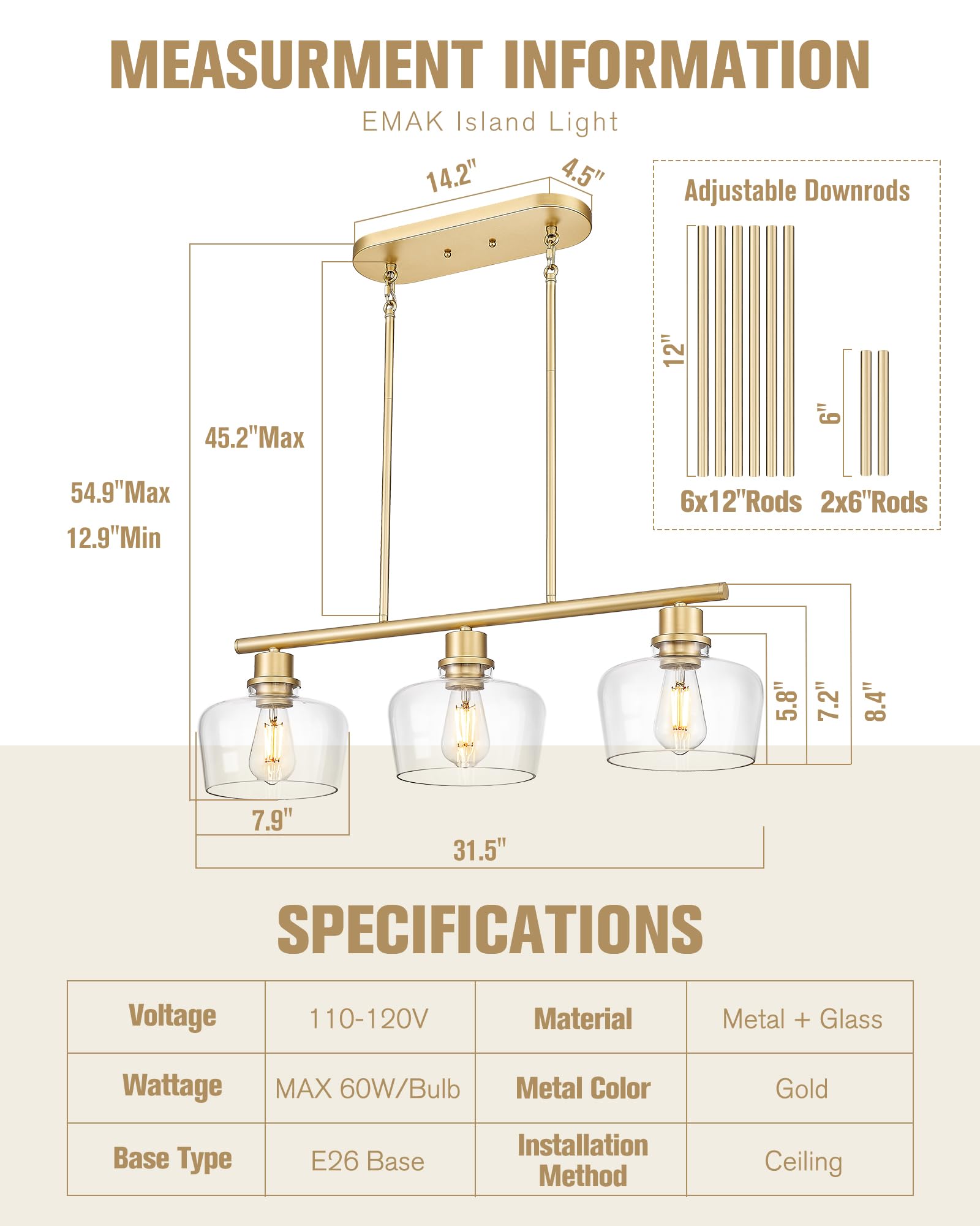 Emak Gold Kitchen Island Lighting  3-Light Dining Room Light Fixtures Over Table With Clear Glass Shade  Modern 32 Inch Island Lights For Kitchen  Dining Room  Bar  Il122-Gd-Cg-3