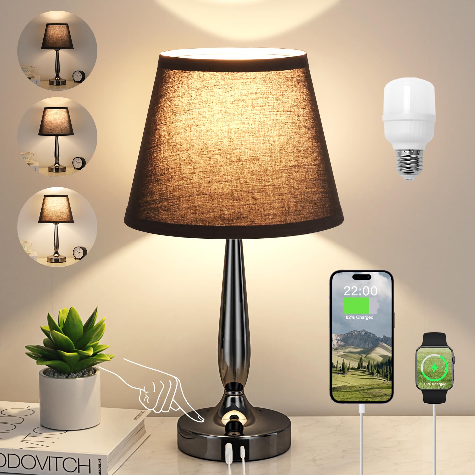 Kakanuo Touch Bedside Lamp with USB C Port, 3 Way Dimmable, Small Nightstand Lamp, Black, LED Bulb Included, 1 Pack