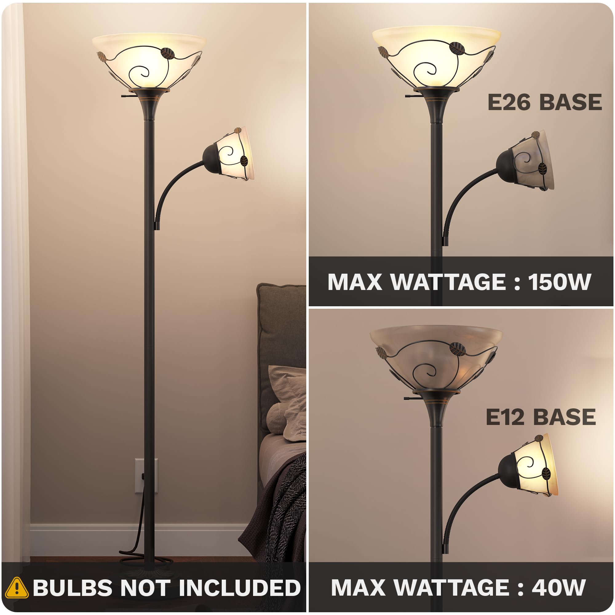 DWVO Torchiere Floor Lamp, 71" with Sidelight, Glass Shade, Black - Ideal for Bedroom, Living Room, Office (Bulbs Not Included)