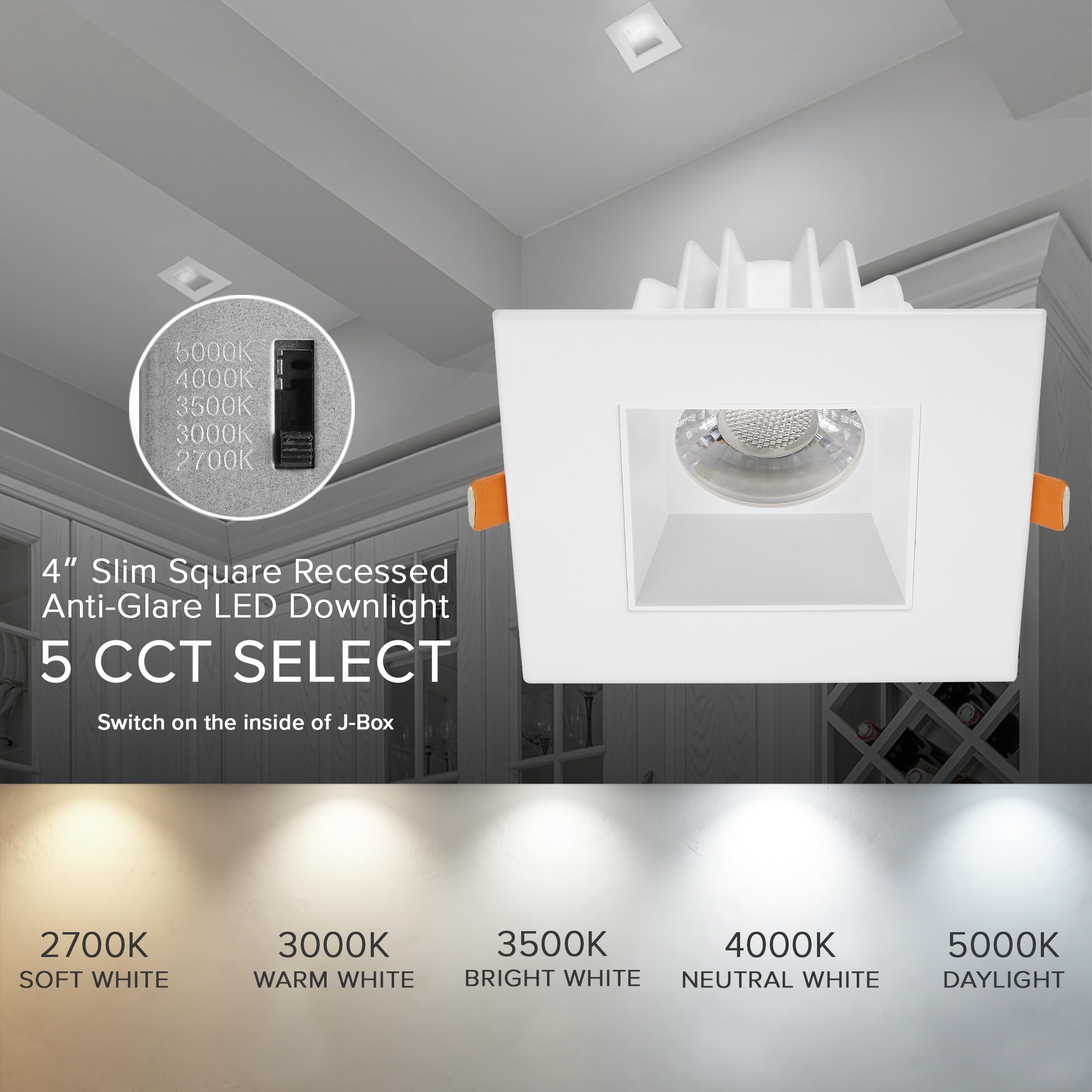 Maxxima 4 In. Ultra-Thin Recessed Anti-Glare Led Downlight Canless Ic Rated 1200 Lumens 5 Color Temperature Selectable 2700K/3000K/3500K/4000K/5000K, Dimmable Square White Trim, 90 Cri, J-Box Included