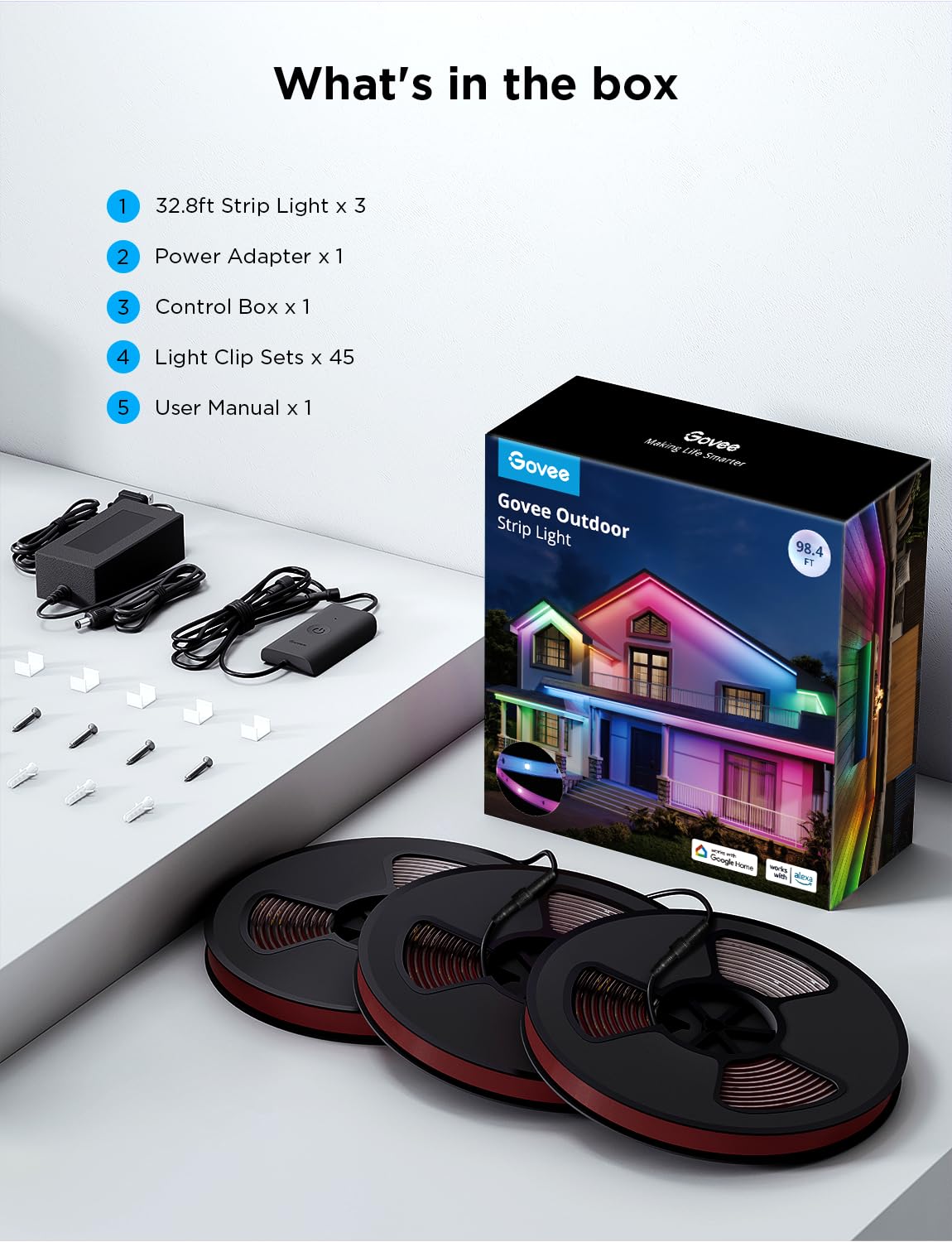 Govee 98.4ft Outdoor LED Strip Lights, Smart RGBIC, IP65 Waterproof, Works with Alexa & Google Assistant, Multicolor