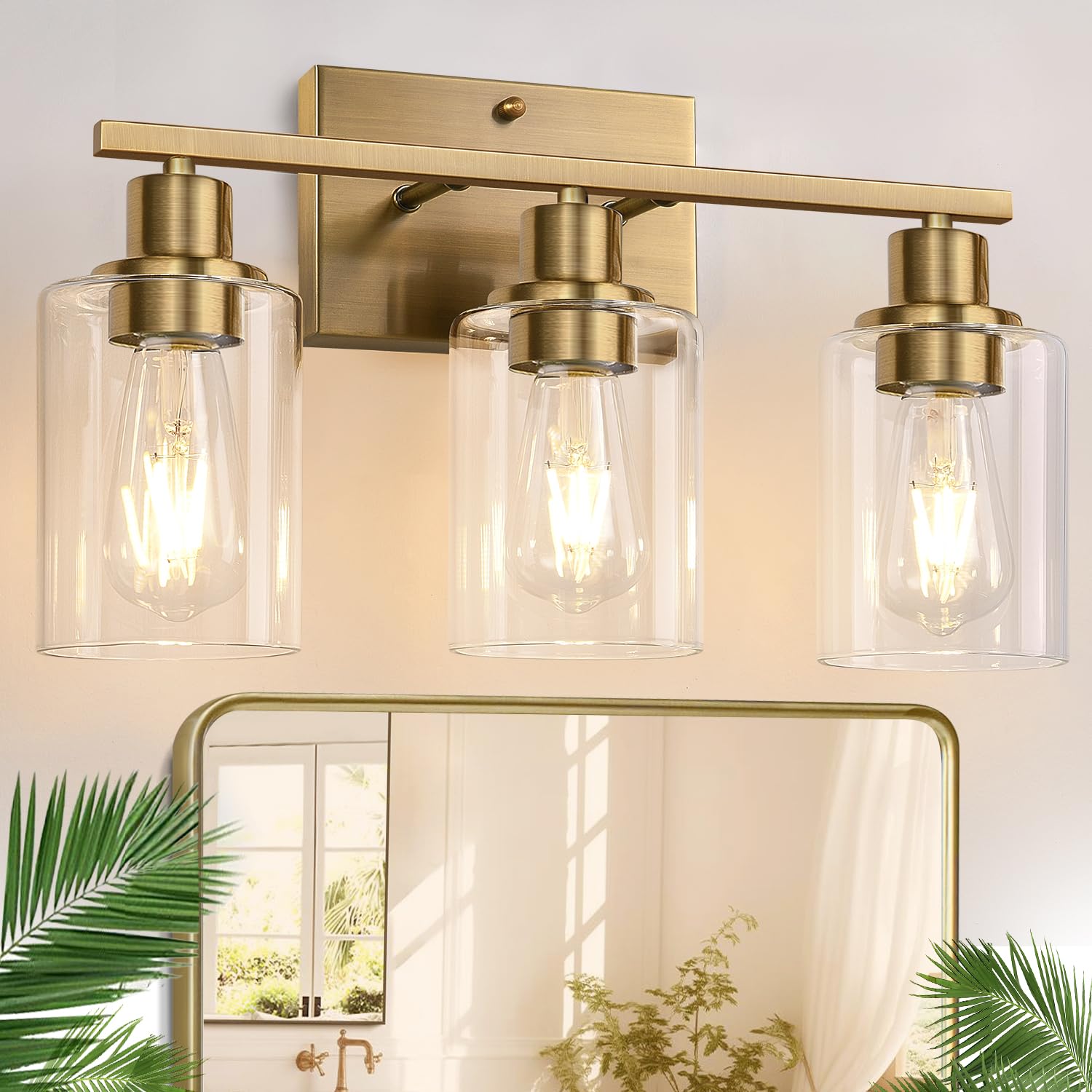 Indoi 3-Light Bathroom Light Fixtures, Brass Vanity Lights with Clear Glass Shades, Model YX-032H