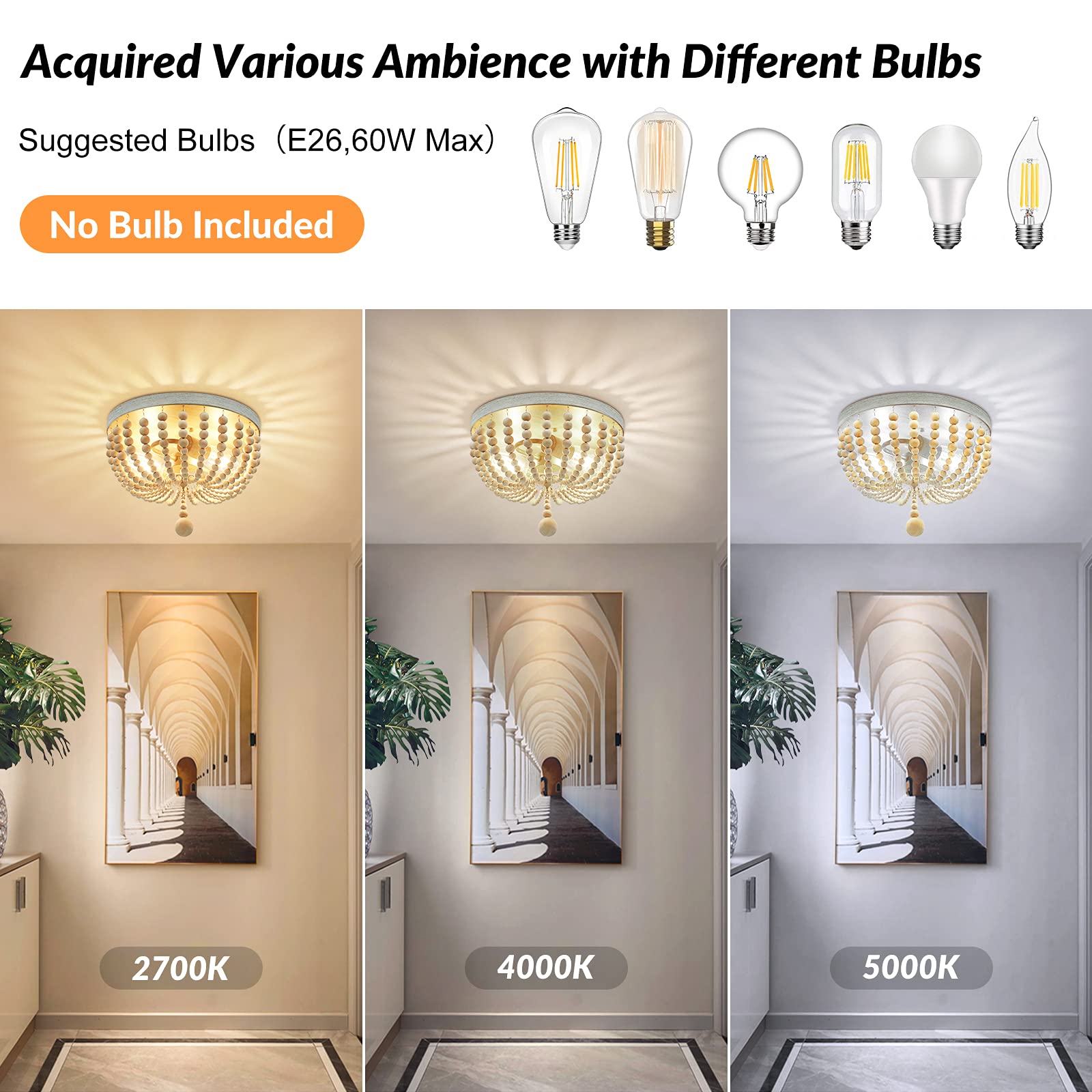 Verron Boho Wood Bead Chandelier, Retro 2-Light Pendant Light, Oak & White, Semi Flush Mount For Living Room, Kitchen, Nursery, Model C3357-02-Sl