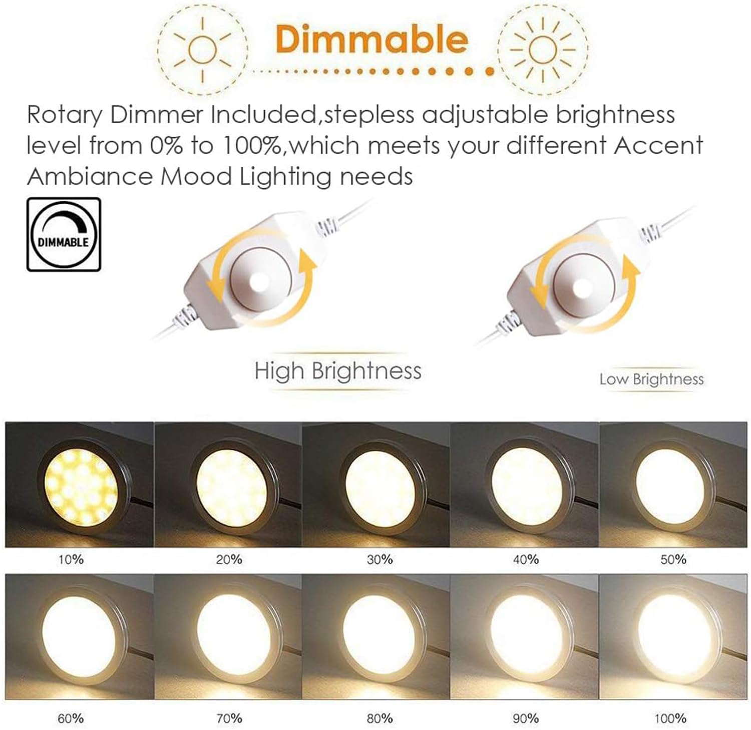 Cefrank Dimmable Puck Lights, 6Pcs Warm White Bookcase Lighting Kit W/Rotary Dimmer Switch, Total Of 18W, 1500 Lm Led Under Cabinet Lights - Warm White, 3000K