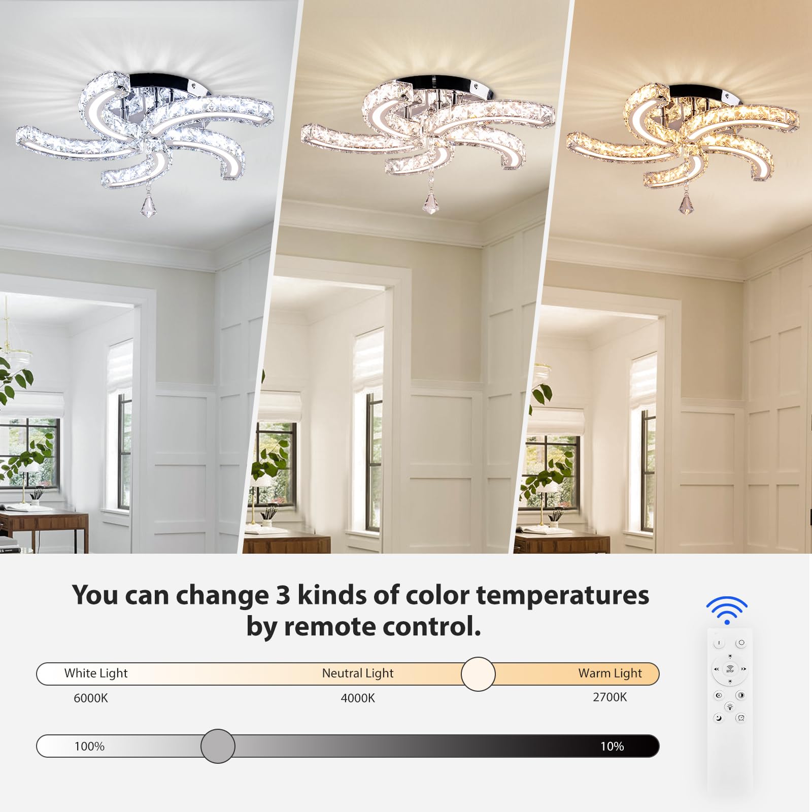 Cainjiazh 19.7 Dimmable Crystal Chandeliers Modern Crystal Ceiling Light Fixtures Acrylic 5 Arms Led Flush Mount Ceiling Light L
