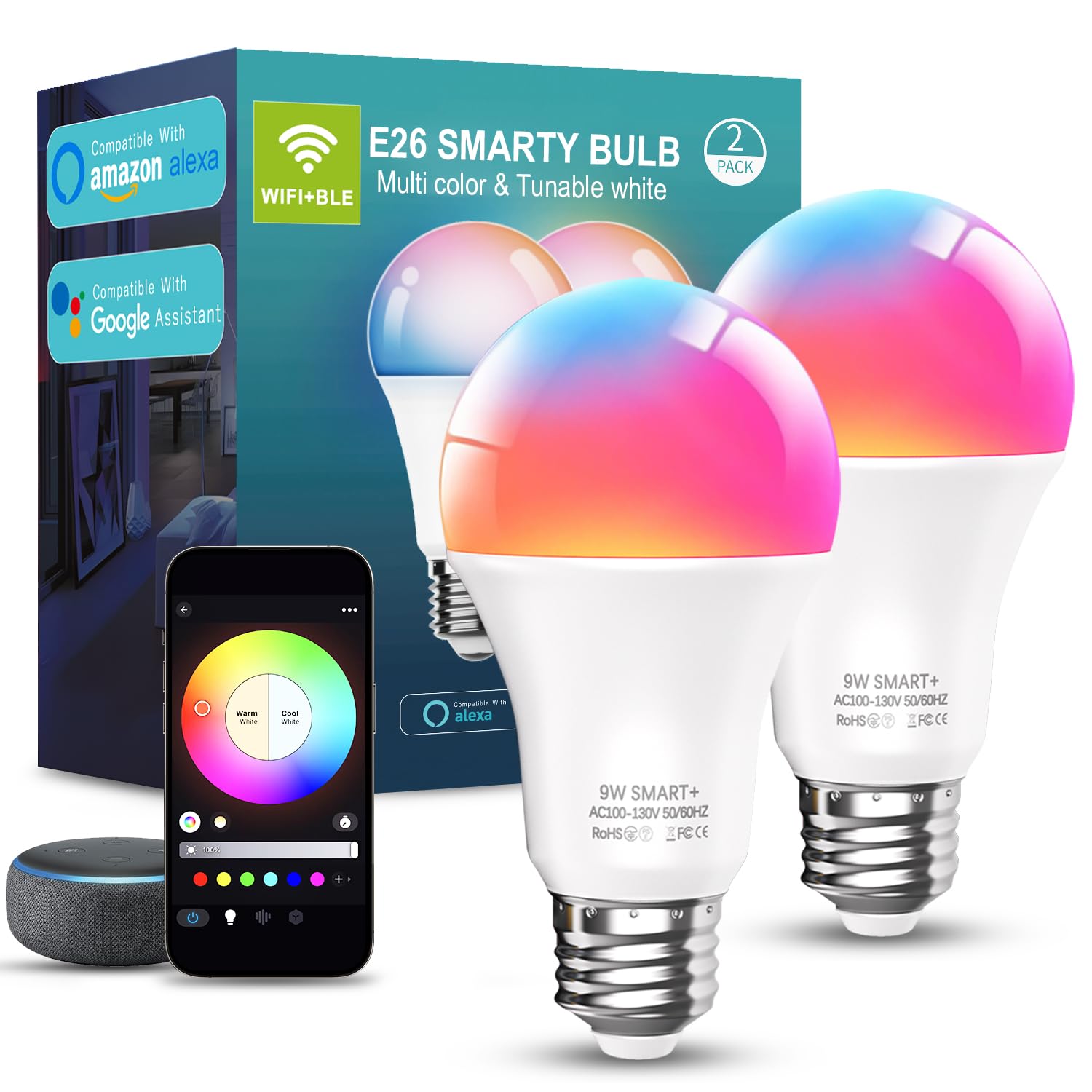 Luckystyle Smart Light Bulbs, 9W A19 E26 800Lm Wifi Bluetooth Led Bulbs Compatible With Alexa, Google Assistant & Home, 16 Milli