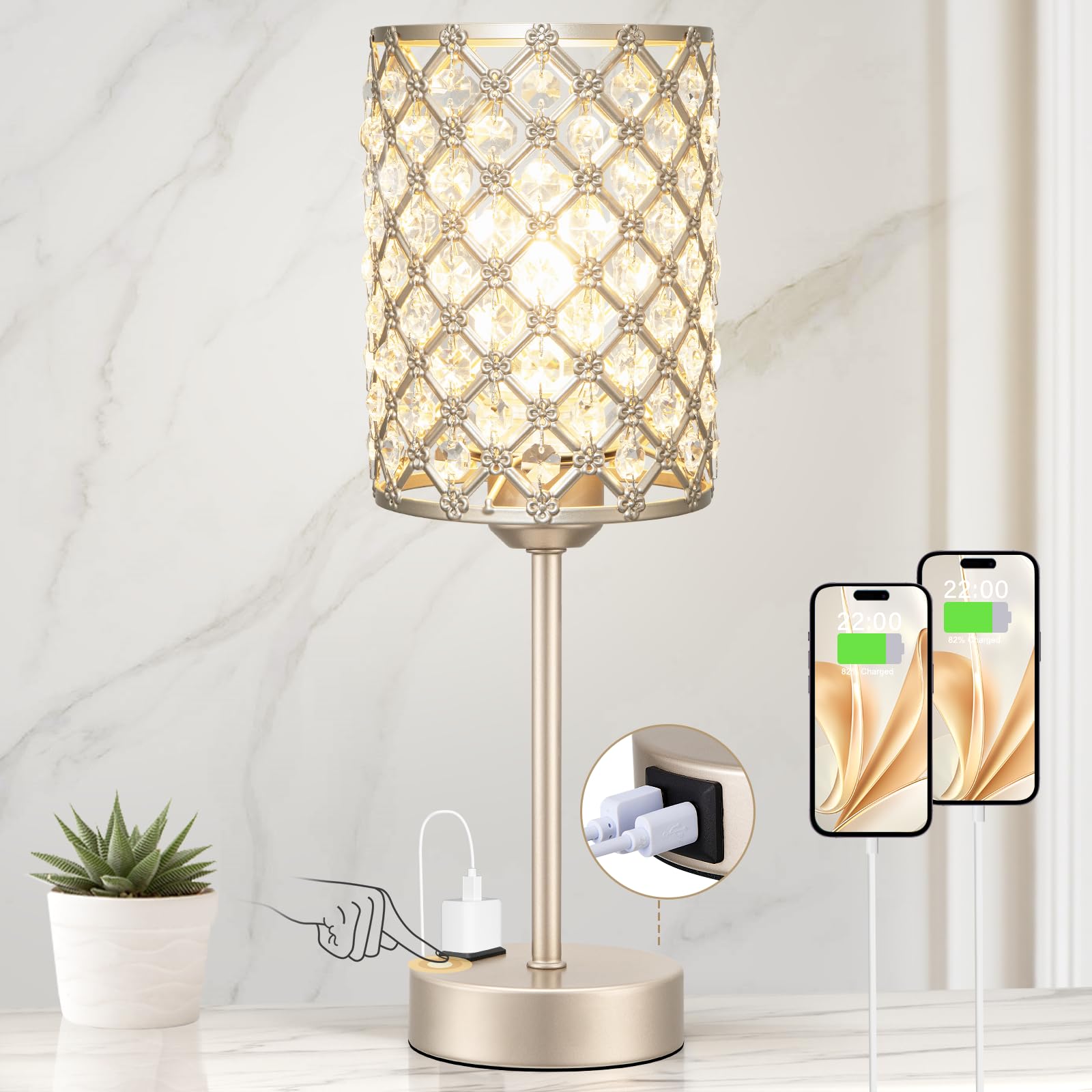 Hong-in Sparkling Beverage Gold Lamps for Night Stands-Crystal Table Lamp with USB-C+A & AC Charging Ports  3-Way Dimmable Nightstand Touch Lamp  Bedside Desk lamp for Bedroom Living Room Home Office