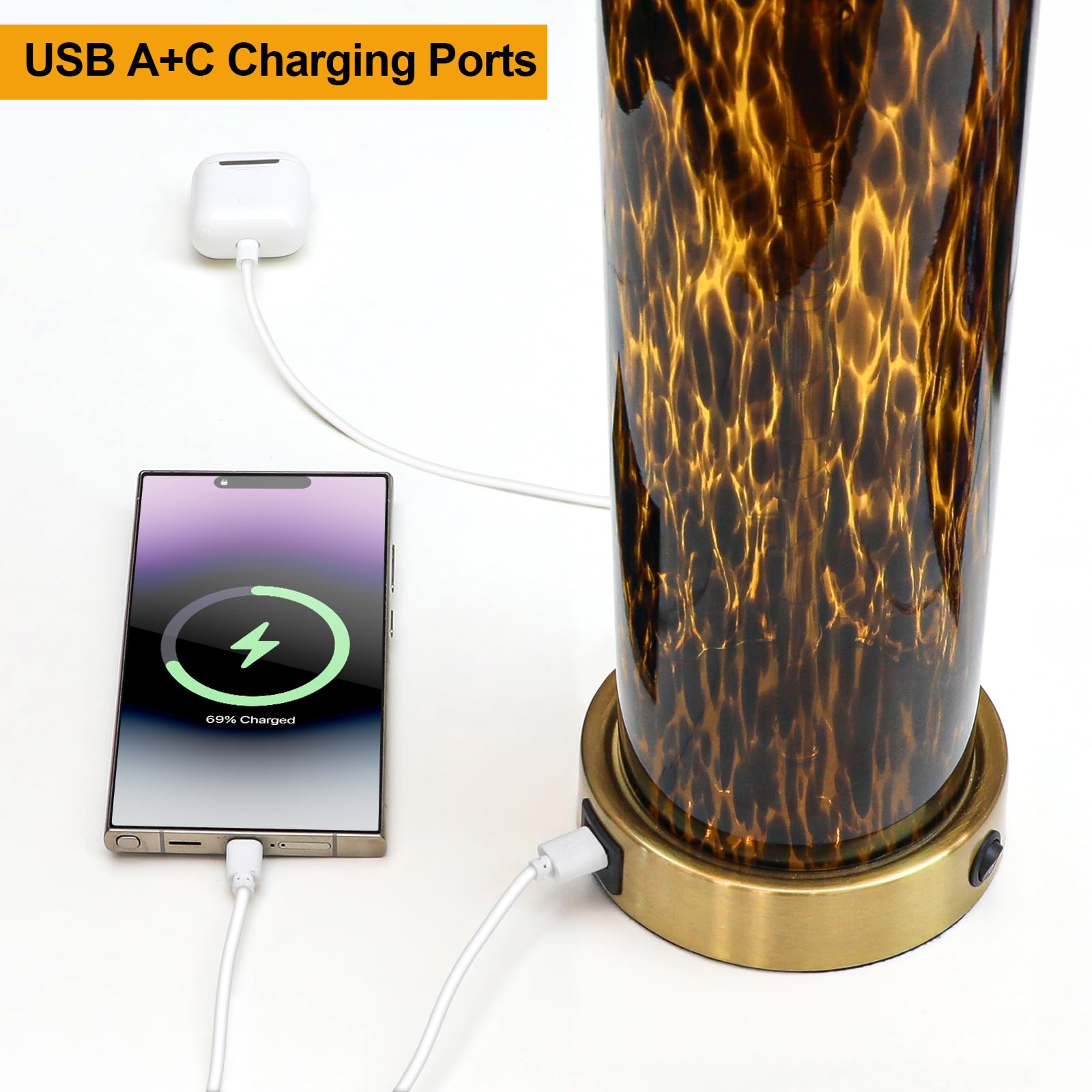 Oneach Modern Table Lamps Set of 2, 27.75" Gold Leopard Glass, USB A+C, Black Crystal Shade, Model AMZ-T1223GL-U