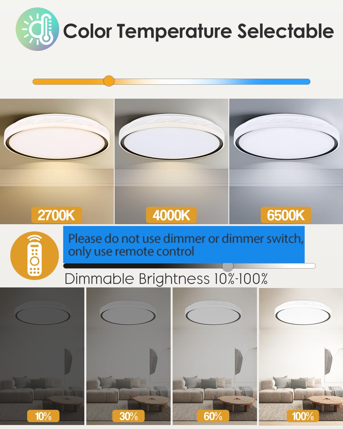 Fcpvhoy 20 Inch Large Led Flush Mount Ceiling Light, 2700K-6500K Dimmable Led Ceiling Light Fixture With Remote, 70W 8900Lm Roun