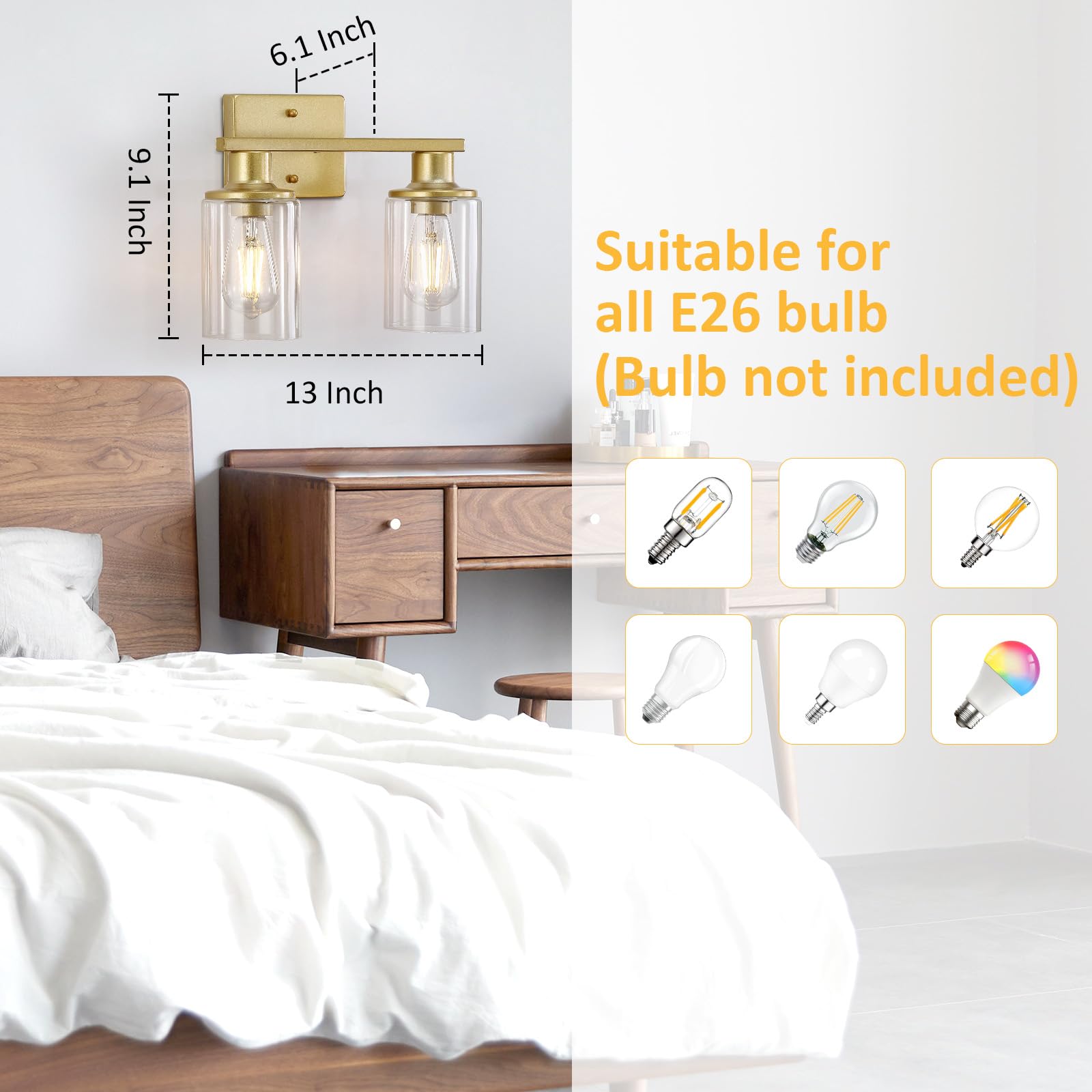 Litaddscen 2-Light Gold Bathroom Vanity Light Bathroom Light Fixtures Over Mirror With Clear Glass Shade Modern Wall Sconces Lighting For Kitchen Living Room Cabinet Hallway