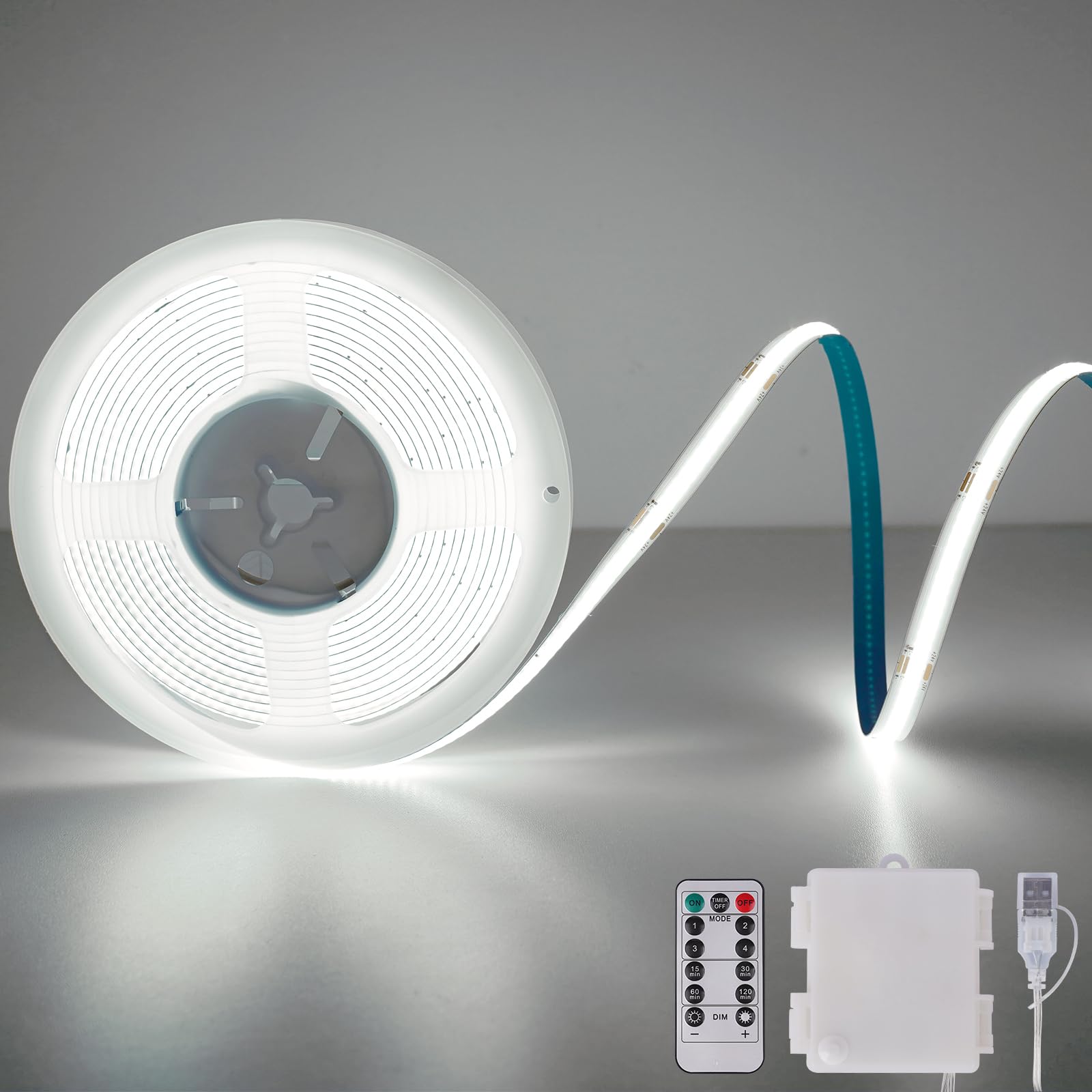 OMIKA Battery Powered Strip Light, 6.56FT, 640LED, 6000K Cool White, Plastic, Model MKR-BO-68, Flexible, Dimmable, Remote