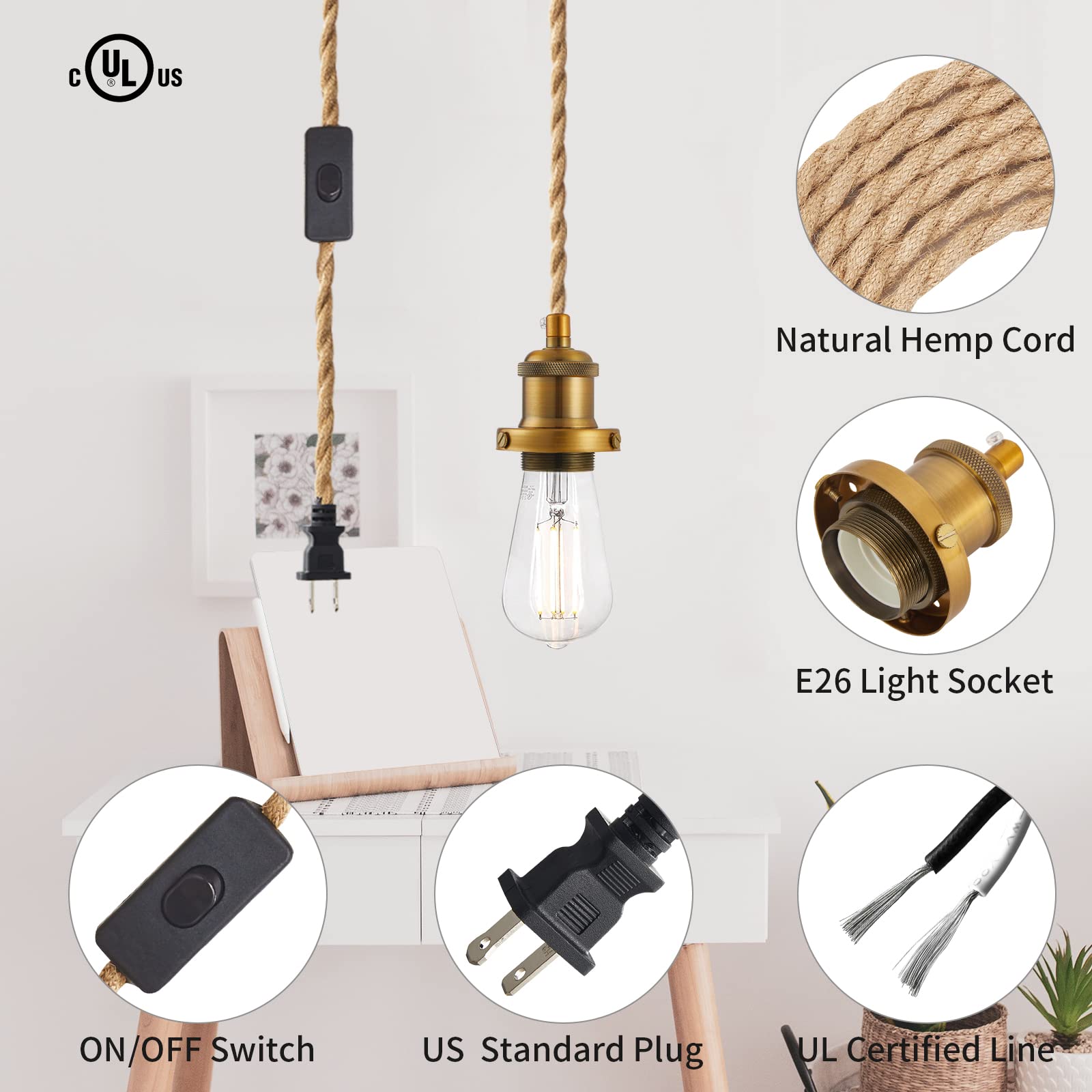 GNOLAK Pendant Light Cord Kit, 15.4ft Industrial E26 Socket, Hemp Rope, Pearl Black, Model CTMSTD, Plug-in with Switch
