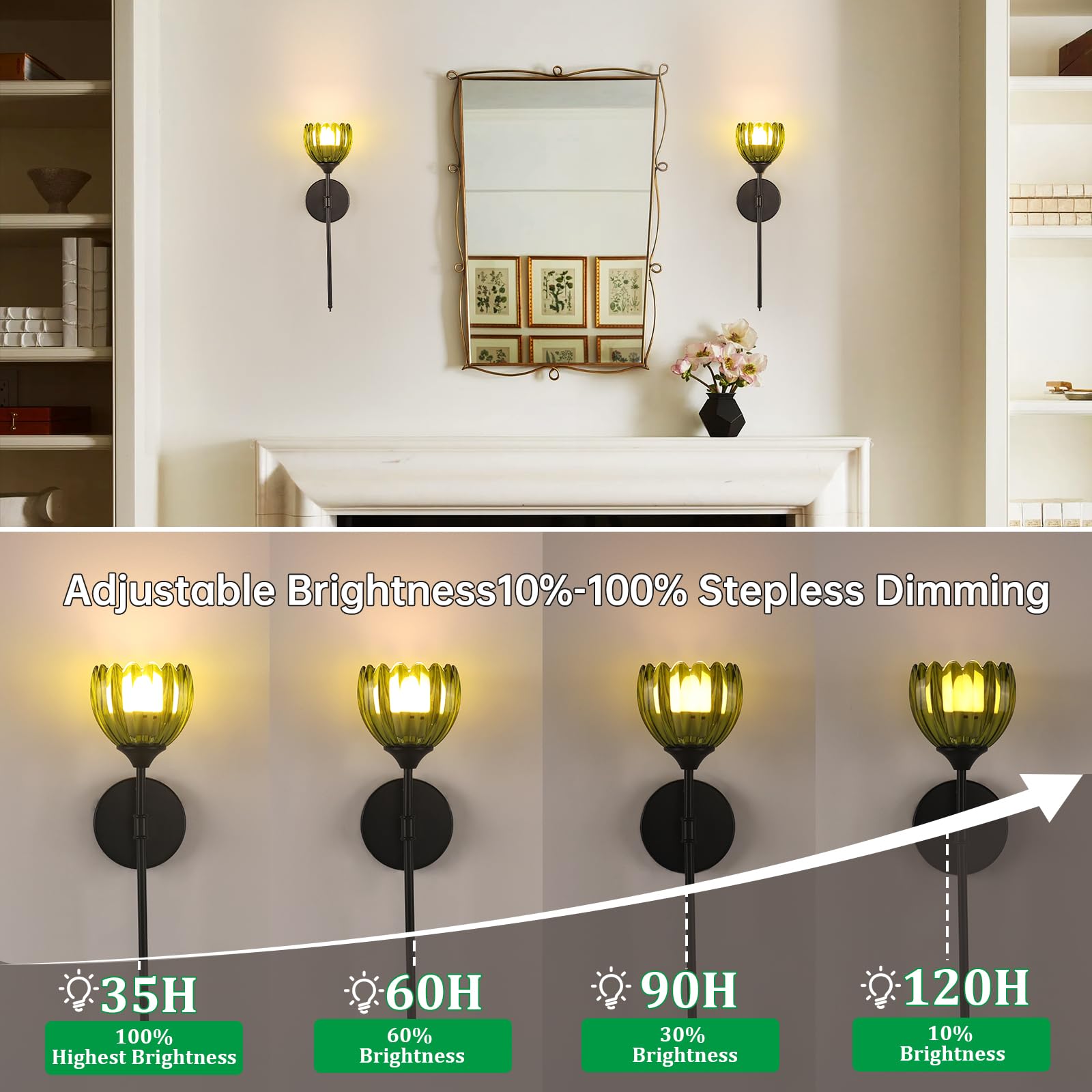 Shenmoyl Battery Operated Wall Sconce Set of 2, Green Tulip Vintage Light Fixture, Rechargeable, Glass, Black