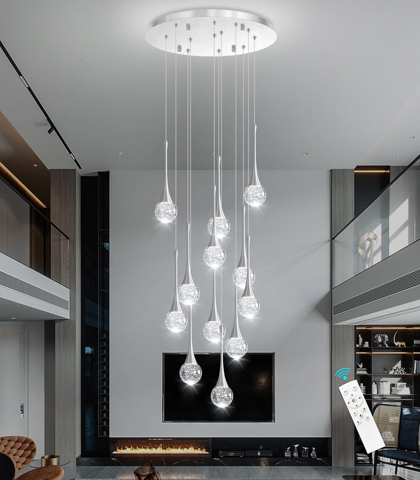 cenozo Modern Glam Crystal Chandelier, 118" Brushed Nickel, 12 Lights, LED Dimmable for High Ceilings, Staircase & Living Room Lighting