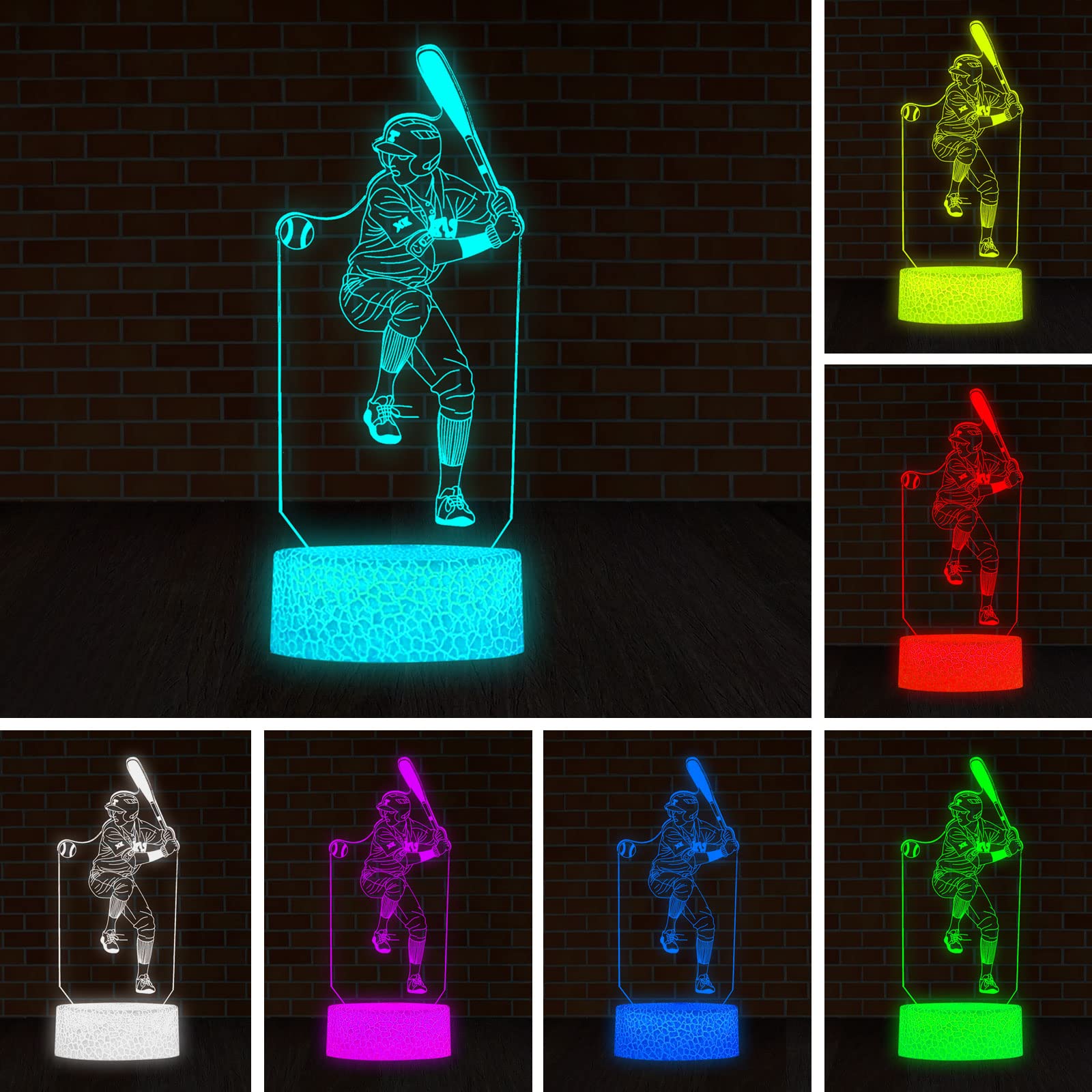 SHANJIANKE Baseball Player 3D Night Light Touch Control - 7 Colors Auto Gradient Night Light,Kids Night Light Suitable for Home 