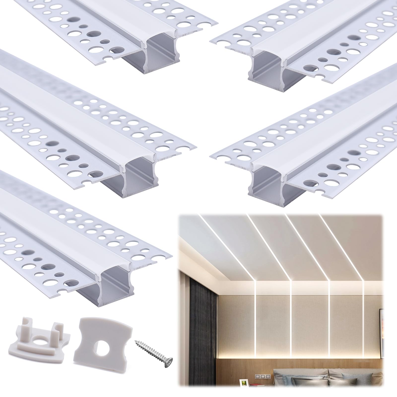 Muzata LED Strip Diffuser Channel, 5Pack 3.3FT/1M, Aluminum, White, Model MZZ563, Trimless for Drywall Ceiling Wall