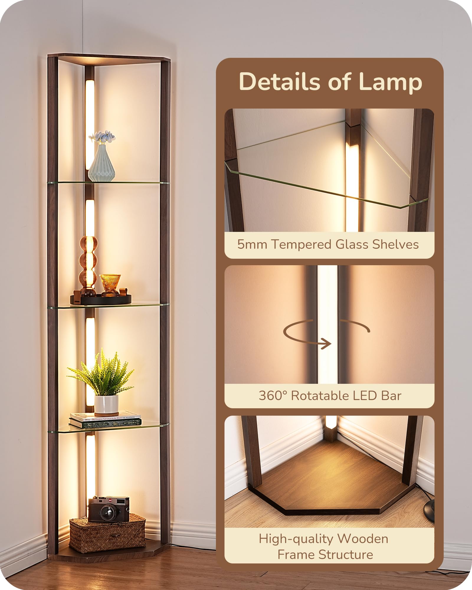 EDISHINE Floor Lamp with 5-Tier Glass Shelves, Dimmable, 63.7" Walnut, Remote/Foot Control, Model HLFL06M