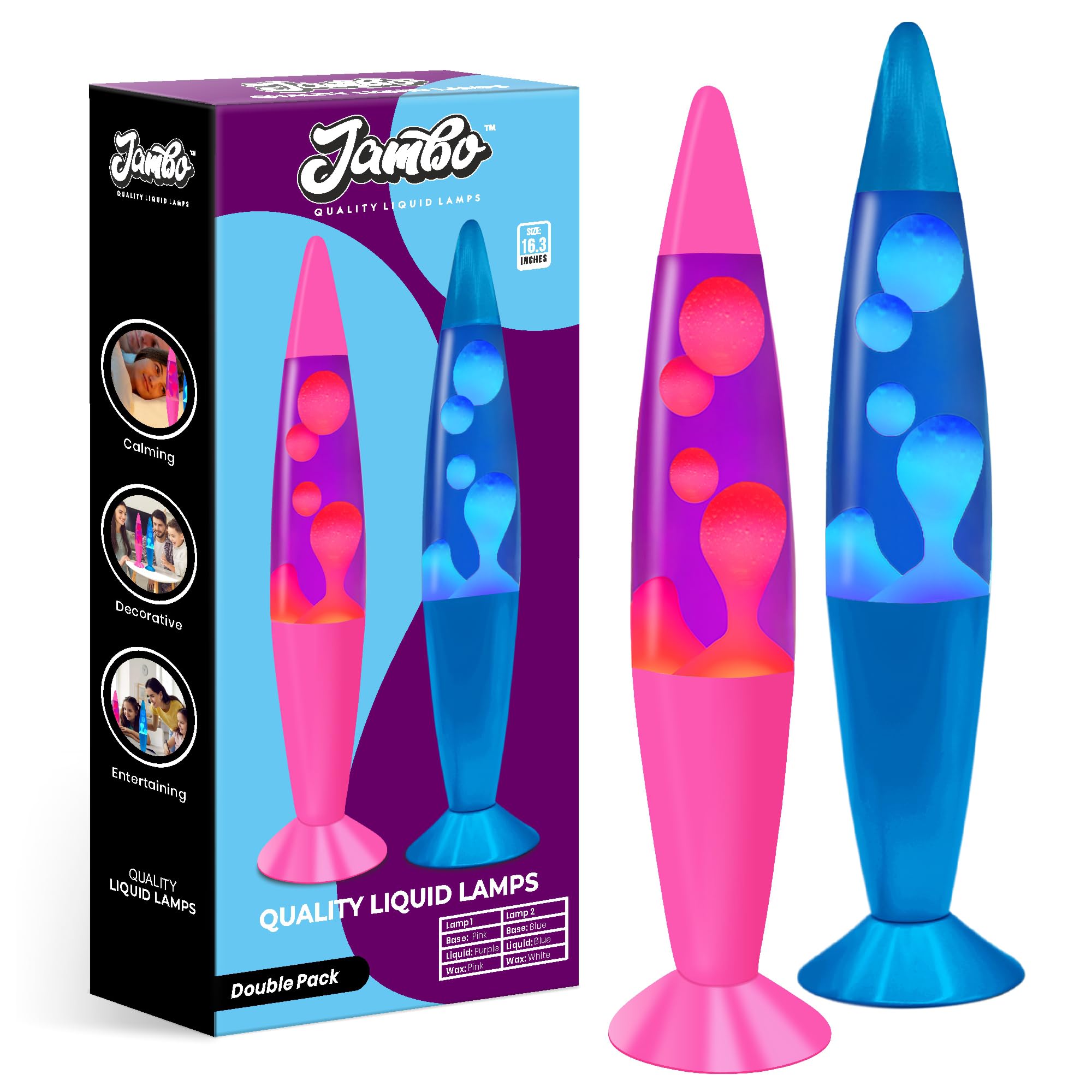 JAMBO Motion Lamp Double Pack - 16in Aluminum, Blue and Pink Bases, Relaxing Liquid Night Light