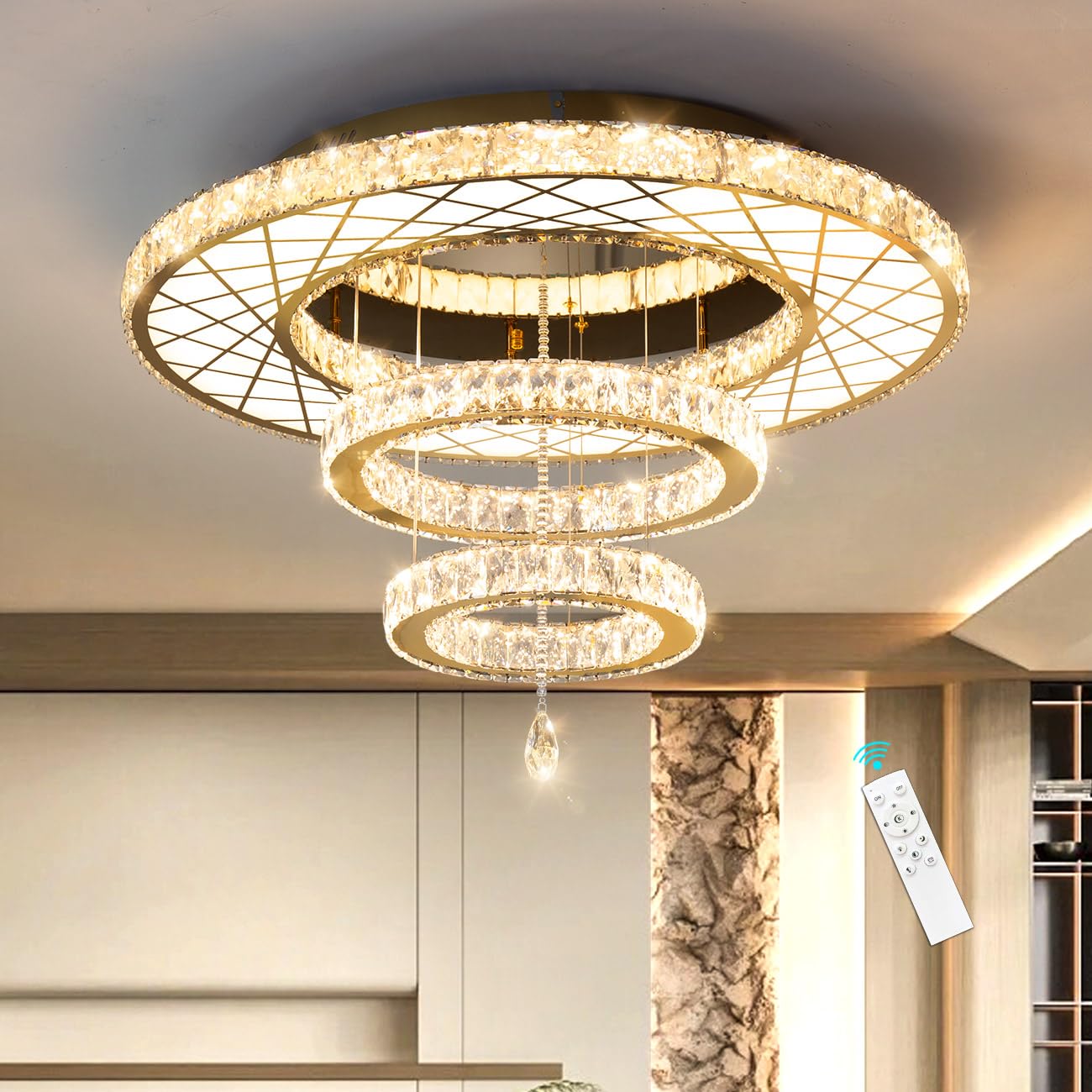 HAIXIANG LED Chandelier for Living Room Ceiling Light, 32in Flush Mount Light Fixtures Sloped Ceiling Dimmable Lights Bright Lig