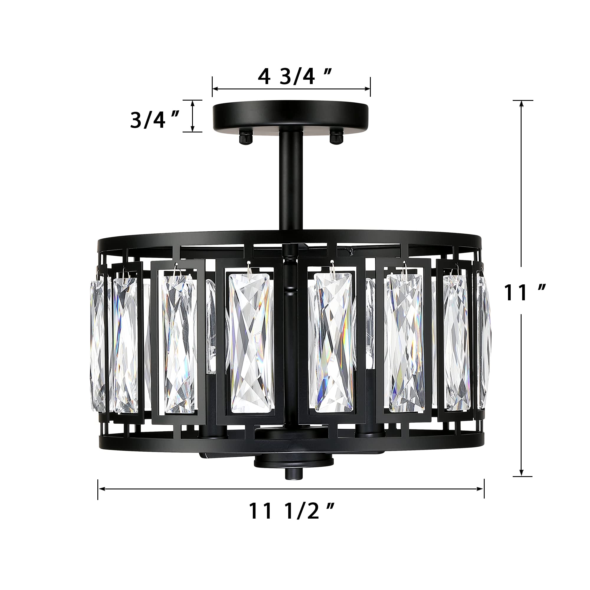 Modern Crystal Semi Flush Mount Ceiling Light Black Close To Ceiling Light Fixtures,3-Light Ceiling Light For Dining Room Bedroo