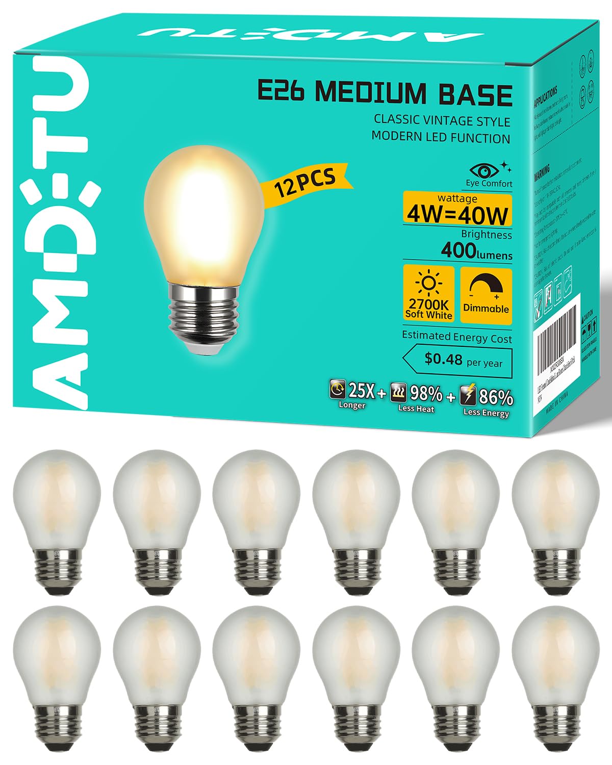 Amdtu Vintage E26 Led Edison Bulb 40W Small Globe 2700K Soft White Frosted Dimmable 40 Watt Warm G45 Medium Standard Base Bulbs 