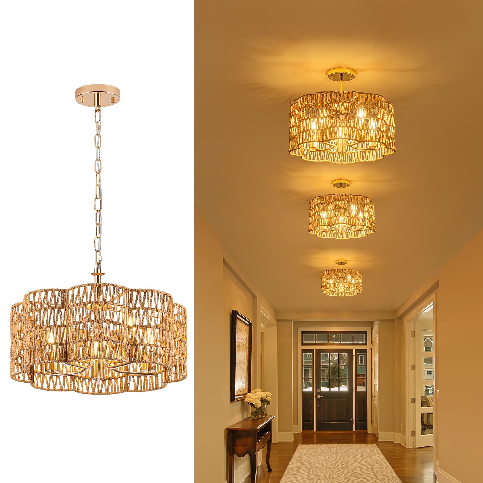 Tbaoinla 5-Light 19.6'' Convertible Rattan Chandelier - Flush Mount/Pendant Farmhouse Ceiling Light For Dining Room, Adjustable 