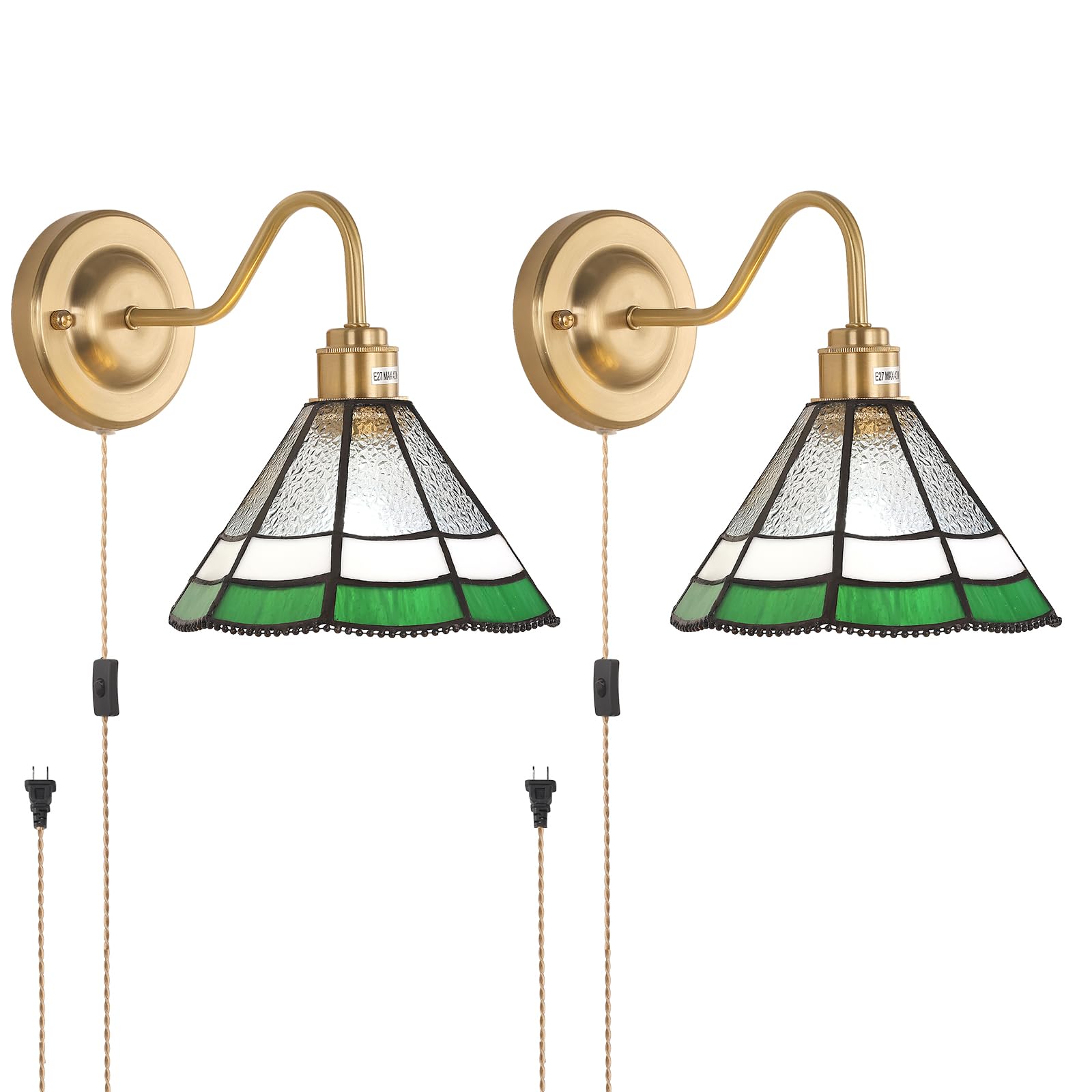 Shenmoyl Plug In Wall Sconces Set Of 2, Vintage Wall Lamps With Green Multilayer Petal Stained Glass Shade, Brass Lights Fixture Decor For Bedroom Bathroom Living Room Hallway