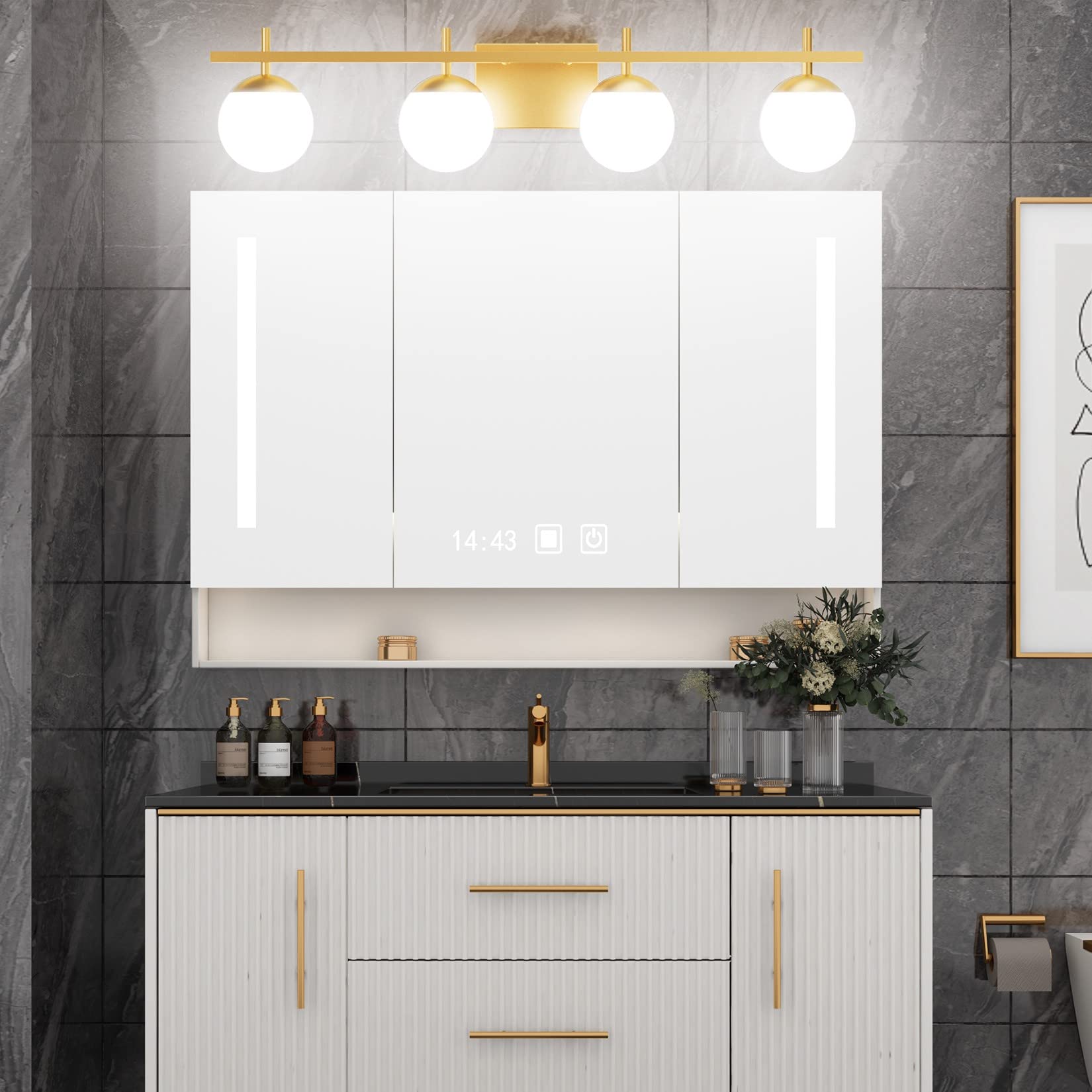 Ralbay 4-Light Gold Bathroom Vanity Lights, Modern Milky Glass, Metal Fixtures Over Mirror, Model 1100