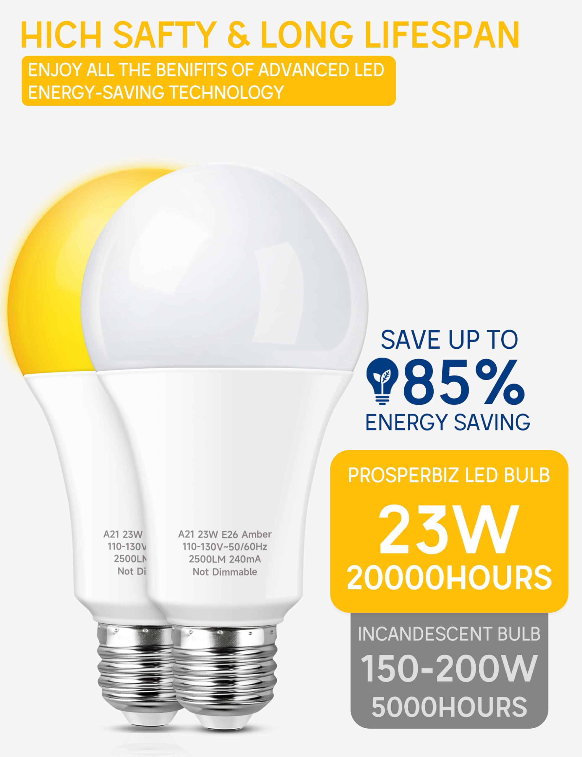 Prosperbiz Bug Light Bulbs A21 23W Amber Yellow 150W-200W Equivalent E26 Non-Dimmable 4 Pack