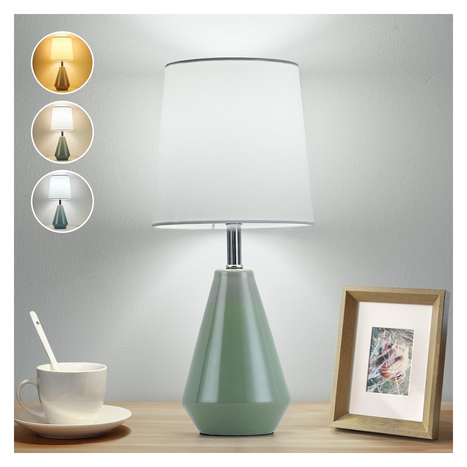 bdayanx Small Bedside Table Lamp for Bedroom - Reading Desk Lamp with 3 Color Temperatures 15.5 Nightstand Ceramic Lamp with Fabric Shade for Kids Room Living Room Dorm Home Office (Green+White)