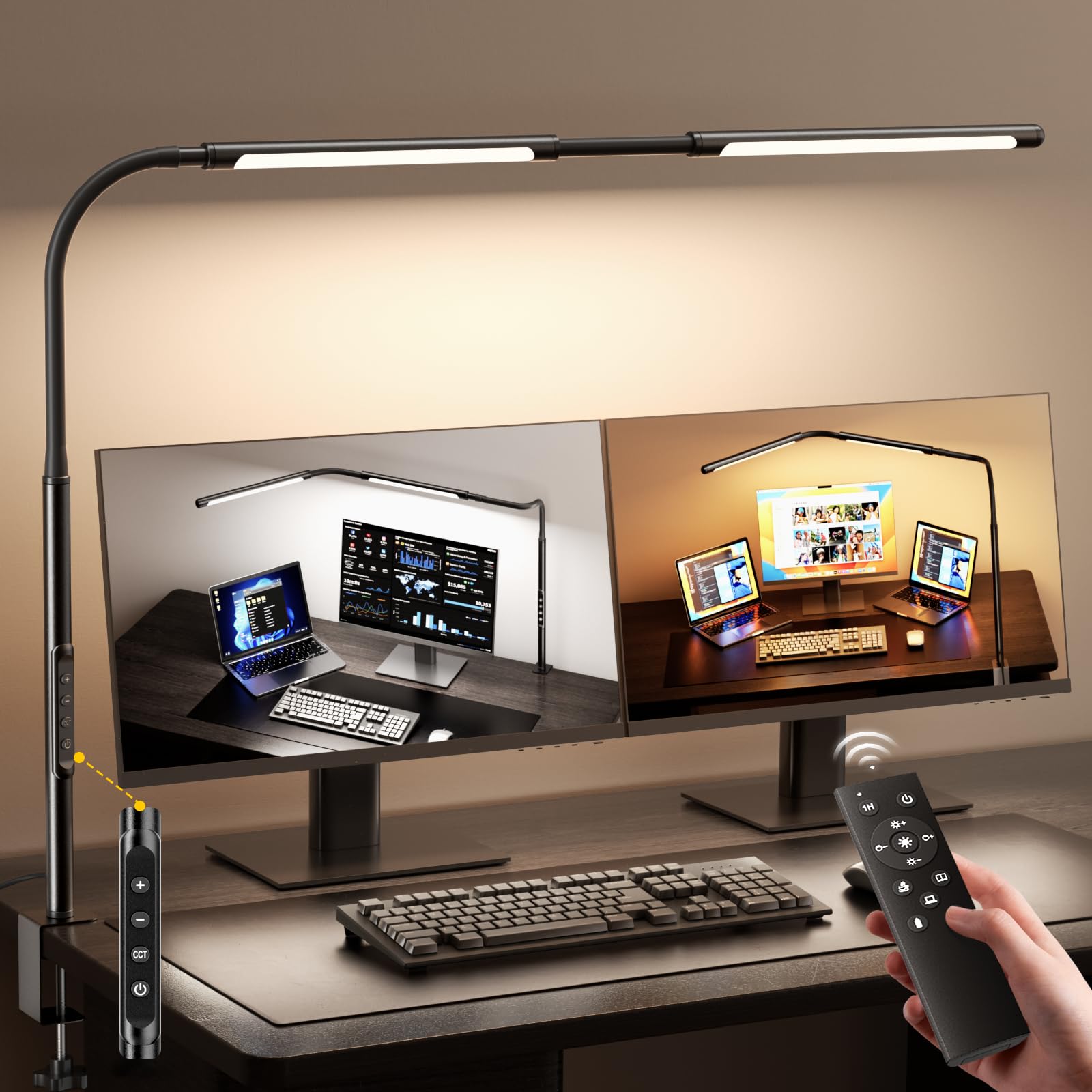 Led Desk Lamp For Home Office, Eye-Caring Desk Light With Adjustable Gooseneck, Dual Screen Computer Monitor Light With Stepless