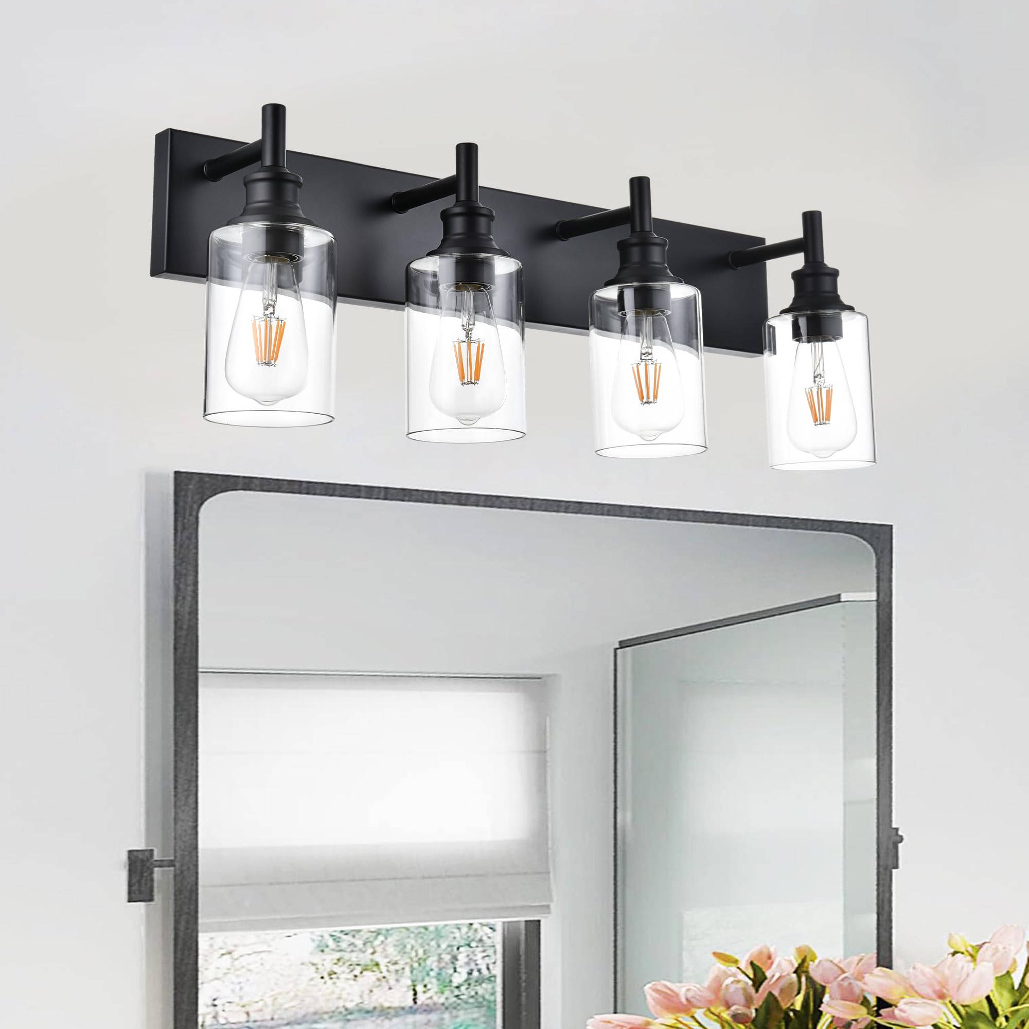 Wanluce 4 Light Bathroom Vanity Lights, Black Iron Fixture with Clear Glass Shades, Model 16-16111-4W-BL