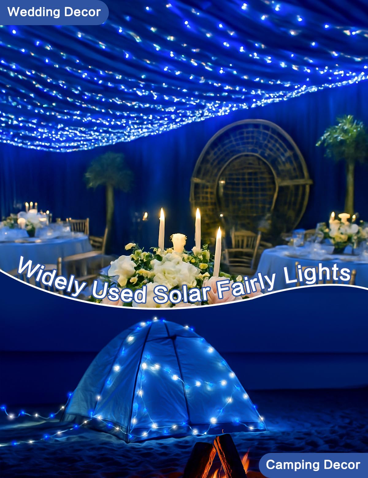 BHCLIGHT Solar String Lights, 80FT 200 LED, Waterproof, Blue and White, 8 Modes, 2 Pack