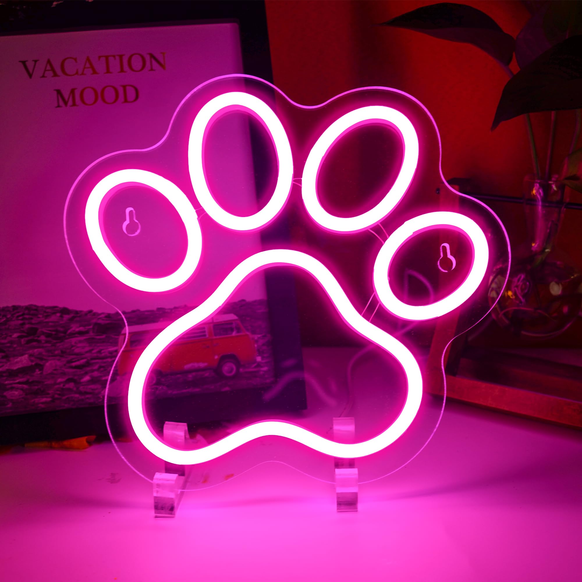 Aslanka Dog Paw Neon Led Sign  Dimmable Paw Neon Light For Wall Decor  Usb Powered Neon Light Sign For Bedroom Dog House Esthetics Wall Art-Pink