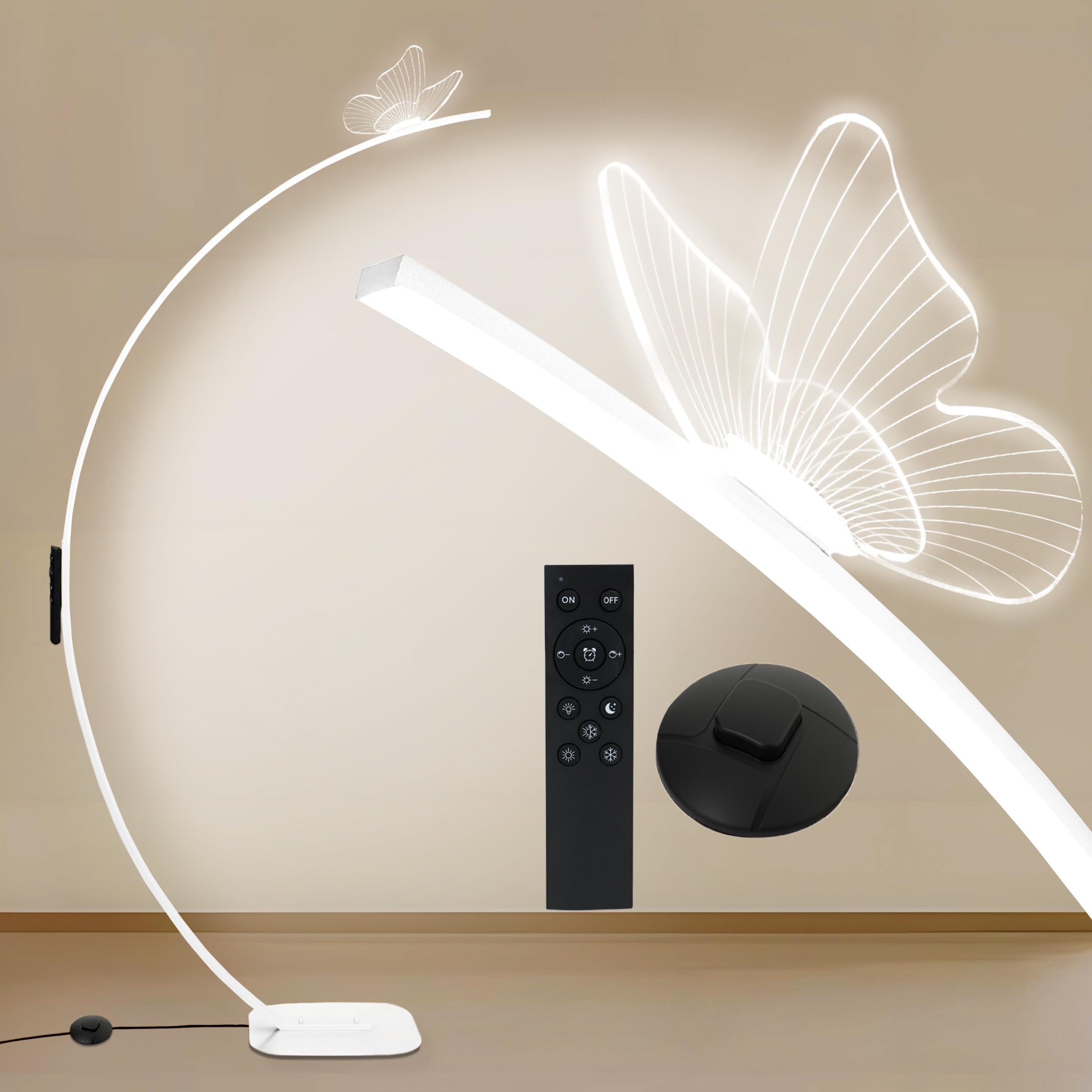 Solunvia Arched Floor Lamp with Butterfly Design, Adjustable Brightness up to 2000 Lumens, Remote & Pedal Control, 3 Light Setti