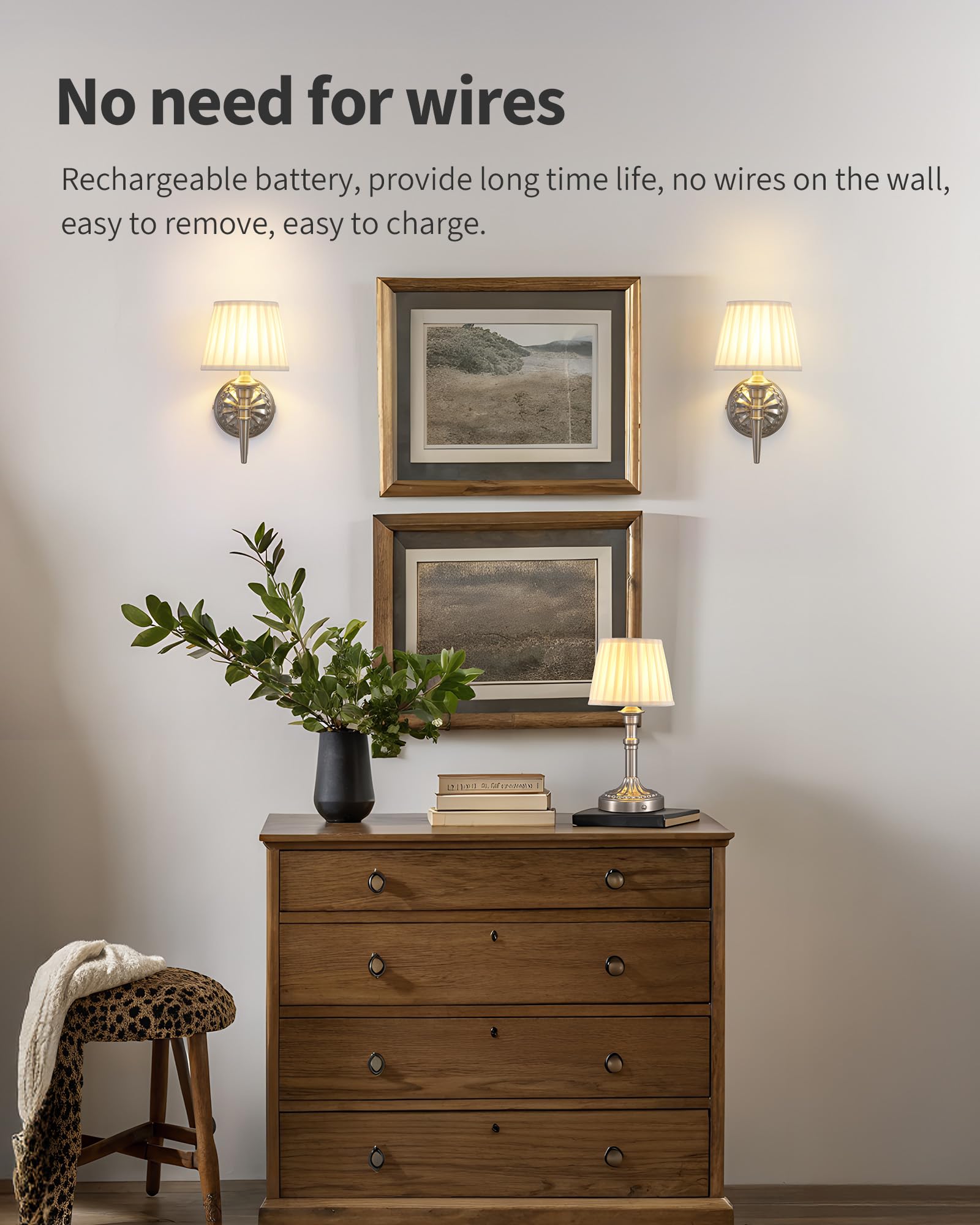 KDG Cordless Wall Sconces Set of 2, Rechargeable LED Lamps, Nickel & Beige, Model AMZ-TBL-035, Ideal for Living Room, Bedroom, Hallway