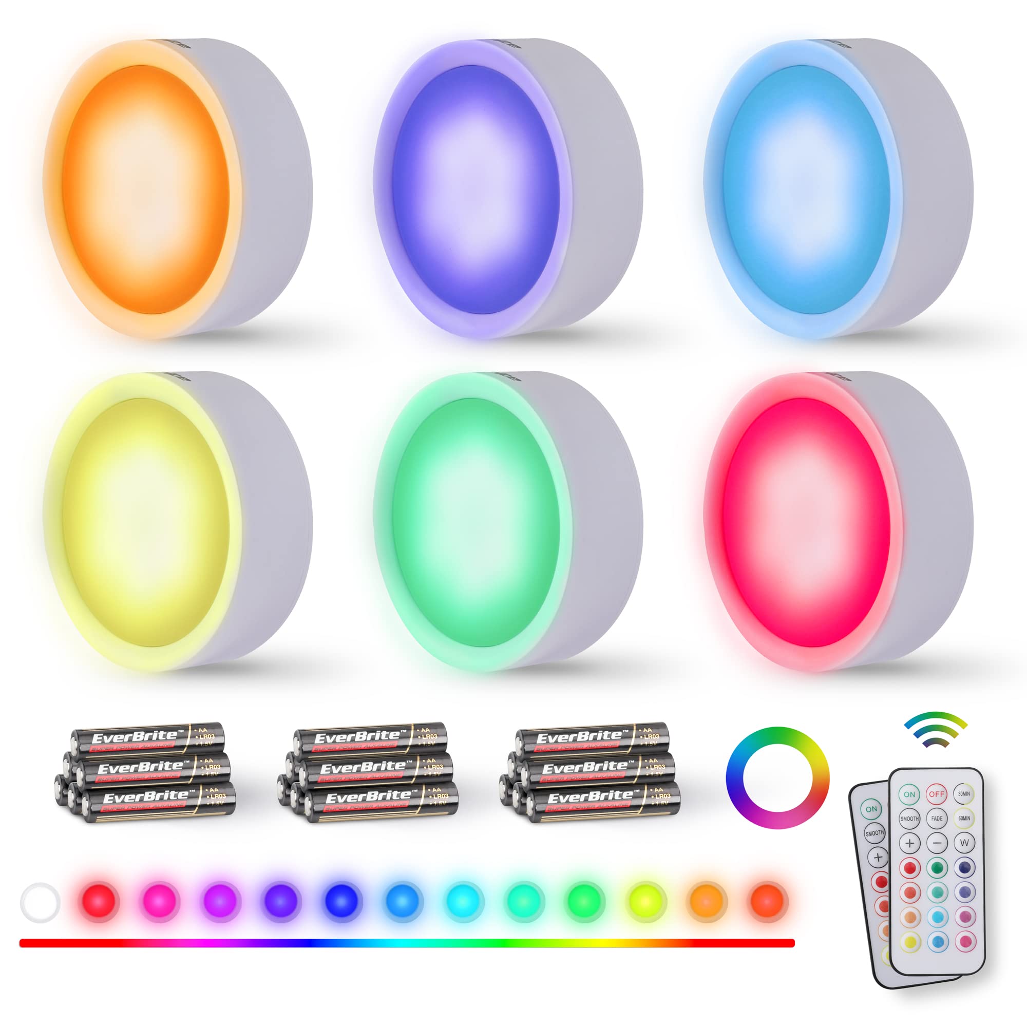 EverBrite Puck Lights with Remote, Wireless LED Puck Lights Battery Operated, 13 RGB Colors Changing Under Cabinet Lights, Dimma
