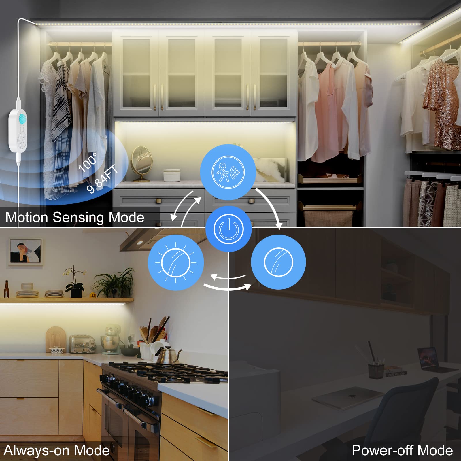 Orgaror Dual Motion Sensor Light Strip - 16.4FT, 150 LEDs, Warm White 3000K, Plug-in, Motion Activated for Stairs, Corridors, and Beds