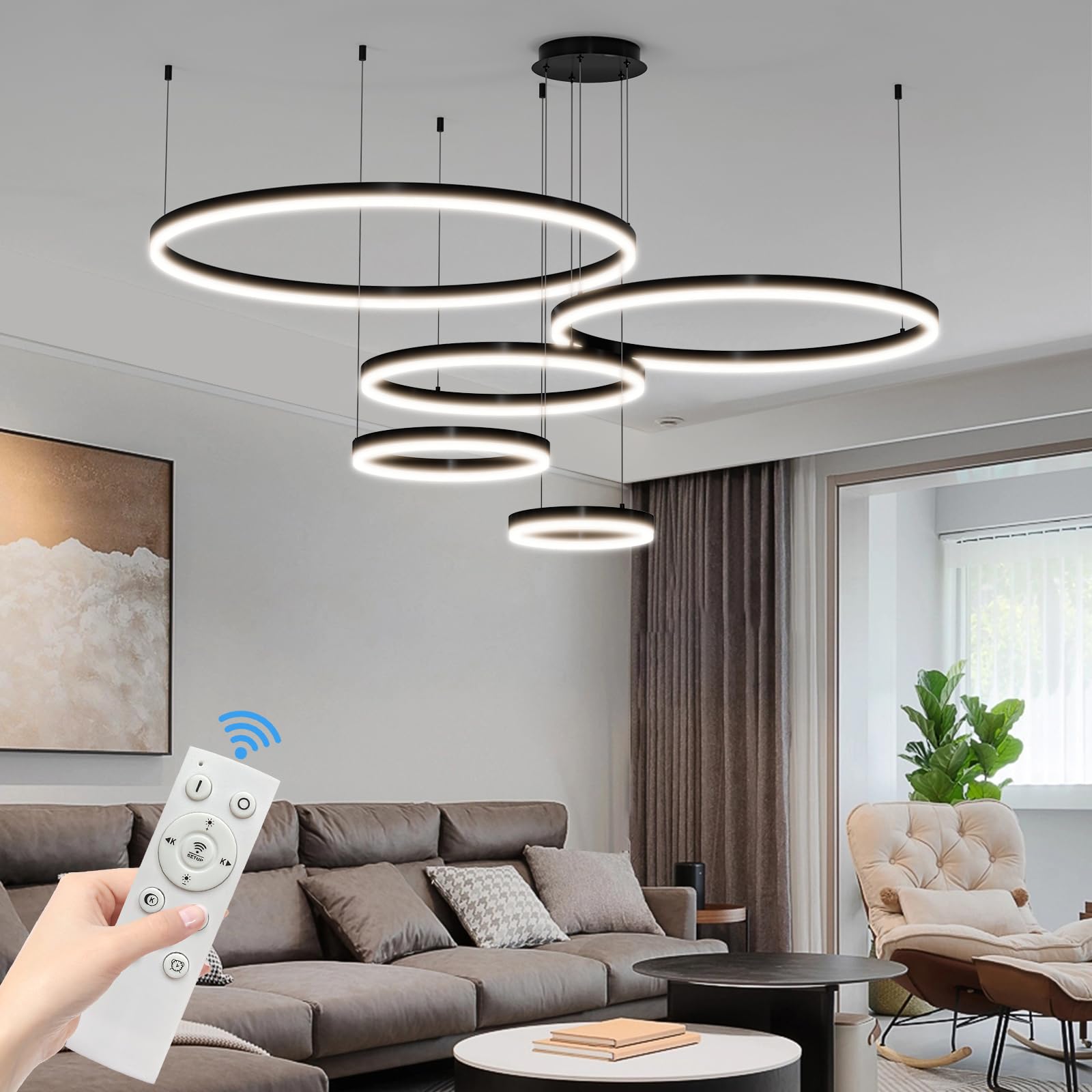 Matven Modern Ceiling Chandelier Light, Dimmable 3 Color Mode, Remote Control, 11.8-39.3in, Black, Model KD-YX