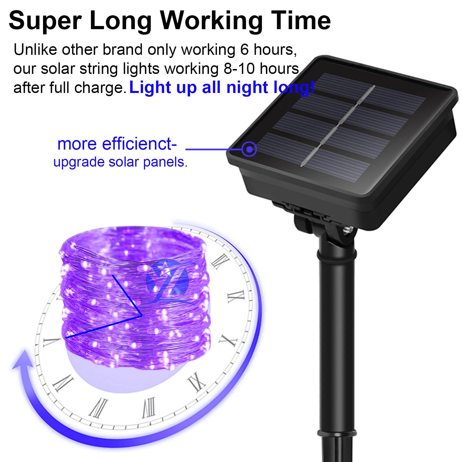 YAOZHOU Solar String Lights, 100 LED, Copper, 8 Modes, Waterproof, Purple, 2 Pack