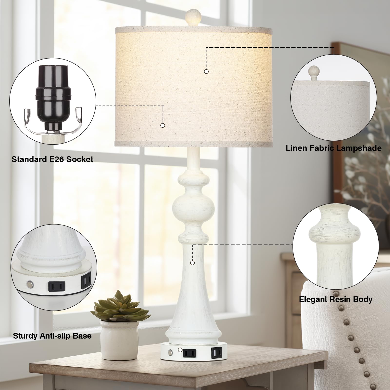 28'' Farmhouse Lamps Set Of 2 With Usb A+C Fast Ports & Ac Outlets, Vintage Rustic 3-Way Dimmable Touch Control Table Lamps, Rus